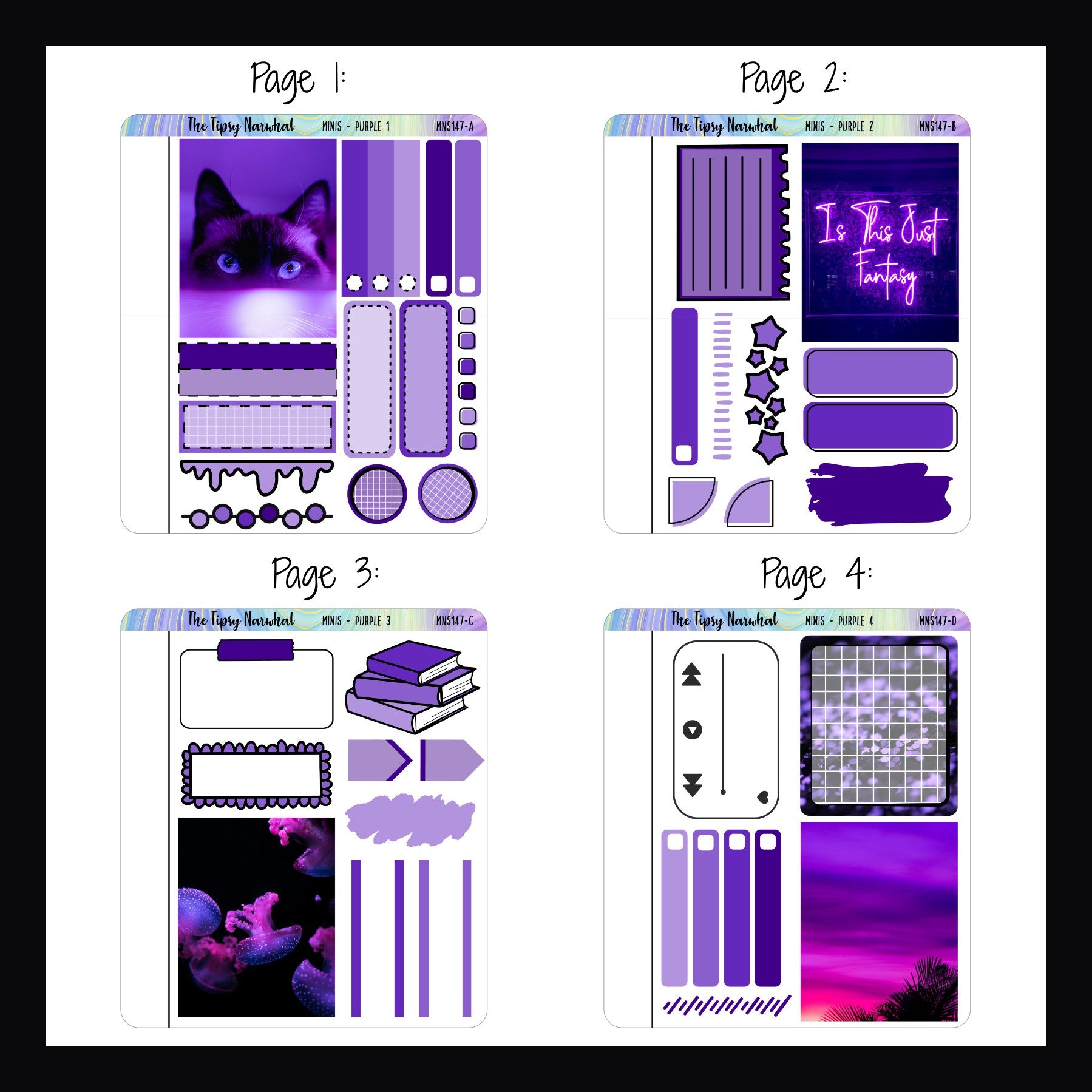 Purple Freestyle Minis pages 1-4.  Each quarter sheet size sticker sheet features a full size deco box and a selection of purple functional stickers. 