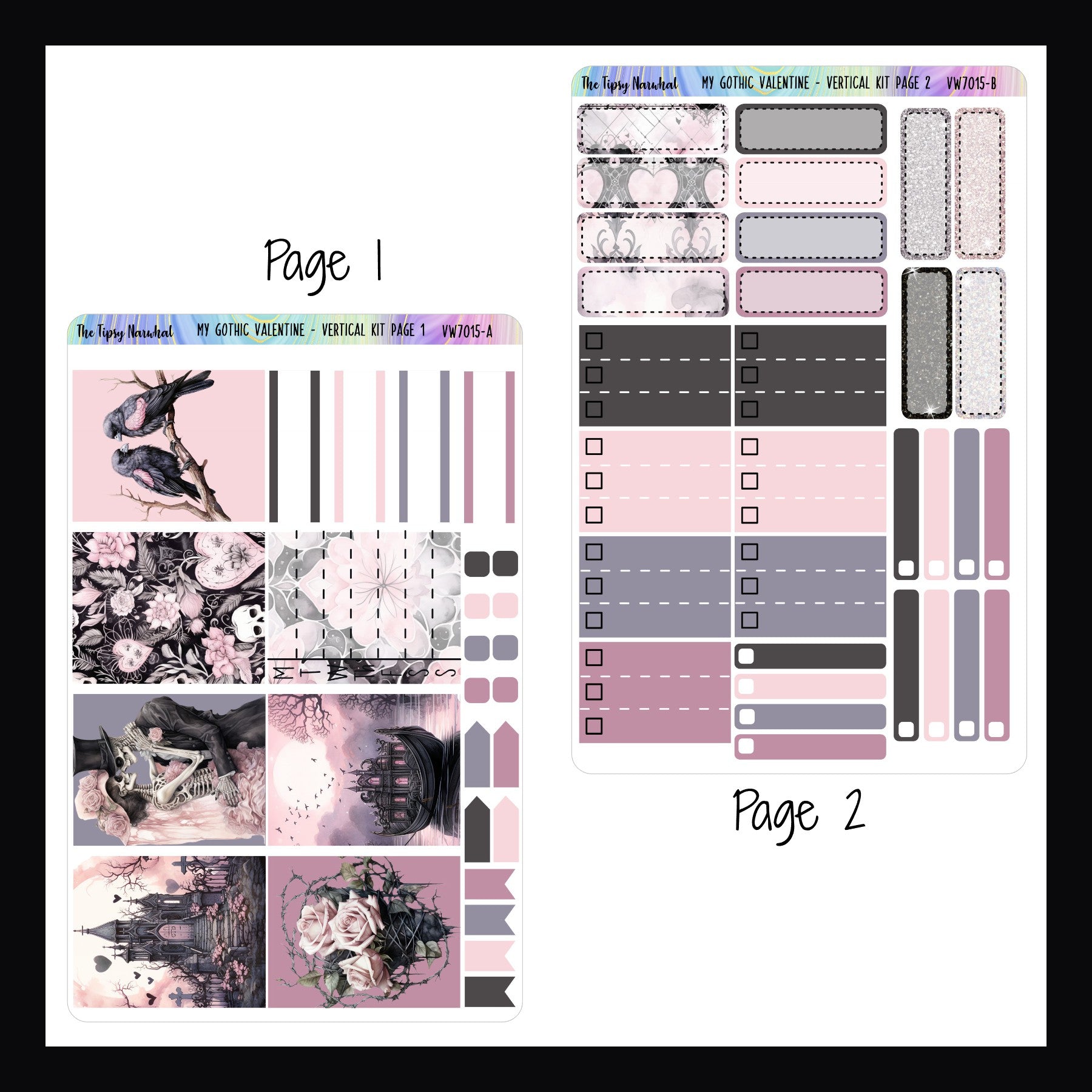 My Gothic Valentine Vertical Weekly Kit Pages 1 and 2.  Page 1 features full box sized artwork, page flags and check boxes.  Page 2 features appointment boxes, top 3 check boxes and skinny check boxes. 
