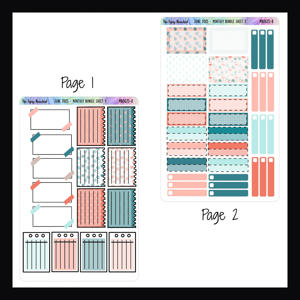 June 2025 Monthly Bundle Pages 1 and 2.  Page 1 features notes stickers in three different styles. Page 2 features half box sized stickers, quarter box stickers and skinny checklist stickers. 