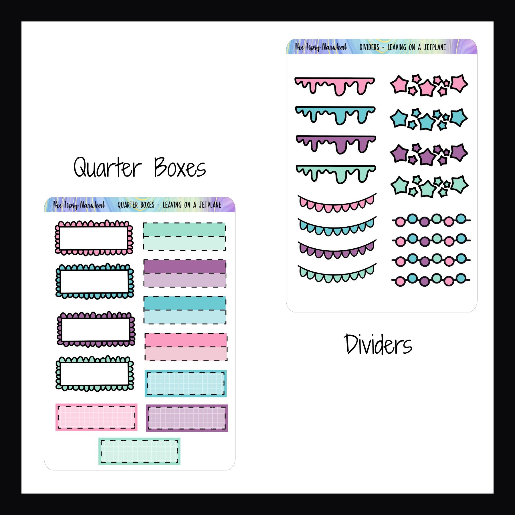 Leaving on a Jetplane Functionals Quarter Boxes and Divider sheets.  Quarter Box sheet features 12 quarter box stickers in 3 different styles.  The Dividers sheet features 16 stickers. 4 each of 4 different designs. 