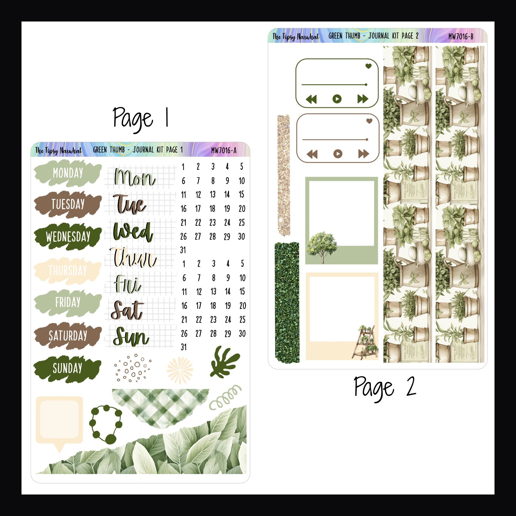 Green Thumb Journaling Kit pages 1 and 2.  Page 1 features two different styles of date covers, a speech bubble sticker, stickers with a ripped appearance and some scribble style stickers.  Page 2 features large format washi, two smaller washi strips, playlist stickers and photo frame stickers. 