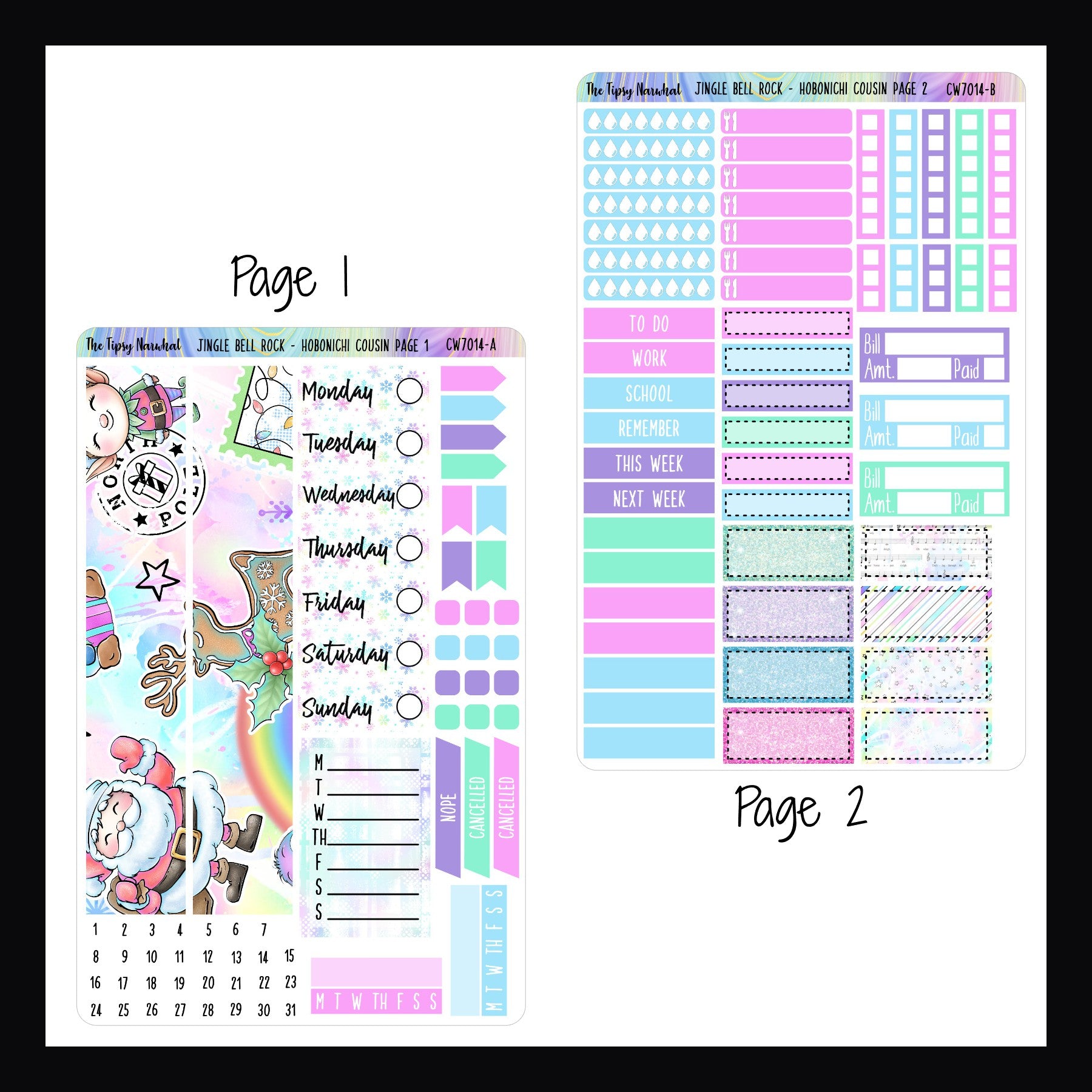 Jingle Bell Rock Hobonichi Cousin Kit Pages 1 and 2.  Page 1 features holiday themed washi, date covers, habit trackers, page flags, and a weekly sticker.  Page 2 features water tracking, meal tracking, and bill tracking stickers as well as appointment stickers, headers, and checklist stickers. 