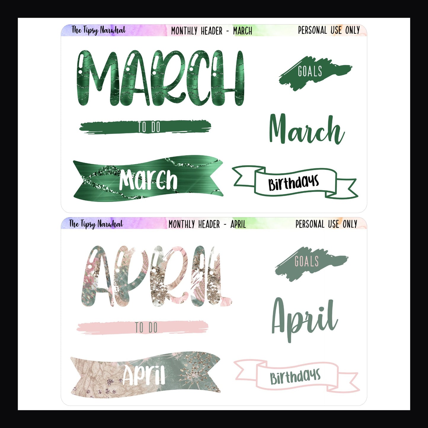 March title sheet, April  title sheet, monthly titles, to dos, goals, birthdays, flags, scribbles, bubble letters