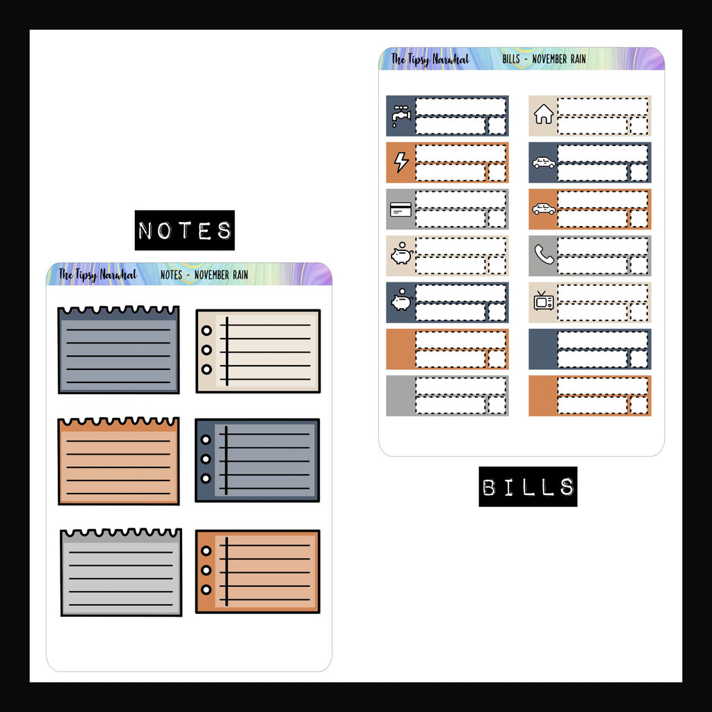 November Rain Functional Stickers Notes and Bills Sheets. 