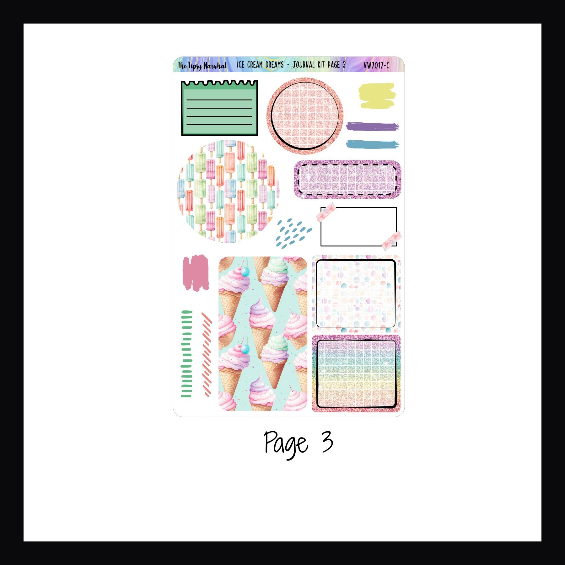 Ice Cream Dreams Journal Kit page 3 features additional scribble stickers, note style stickers, decorative square and circular stickers. 