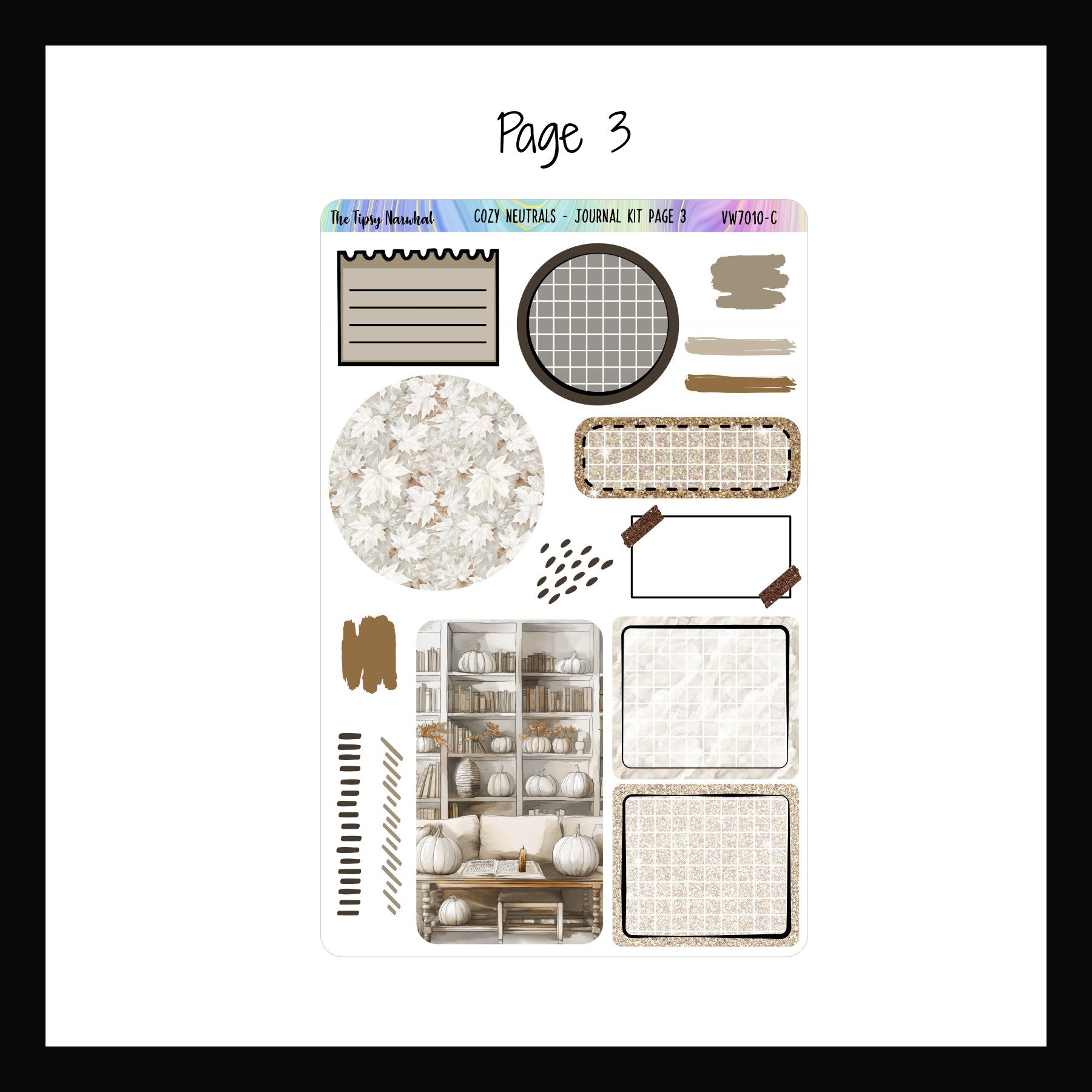 Cozy Neutrals Journal Kit Page 3 features large decorative elements, writeable box and circle stickers, two note style stickers and some scribble style stickers. 