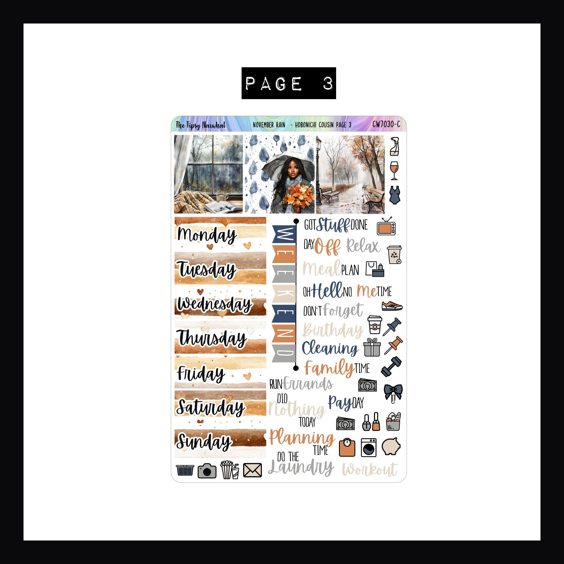 November Rain Hobonici Cousin Sticker Kit Page 3 features A5 size sticker boxes, daily date covers, and a collection of script and icon stickers.