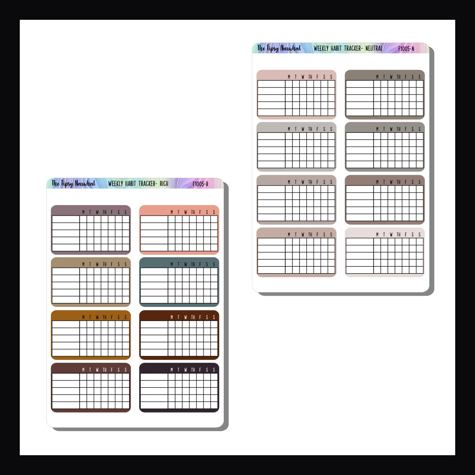 Rich and neutral colored habit tracking sticker sheets, 8 stickers, 5 habits tracked over one week