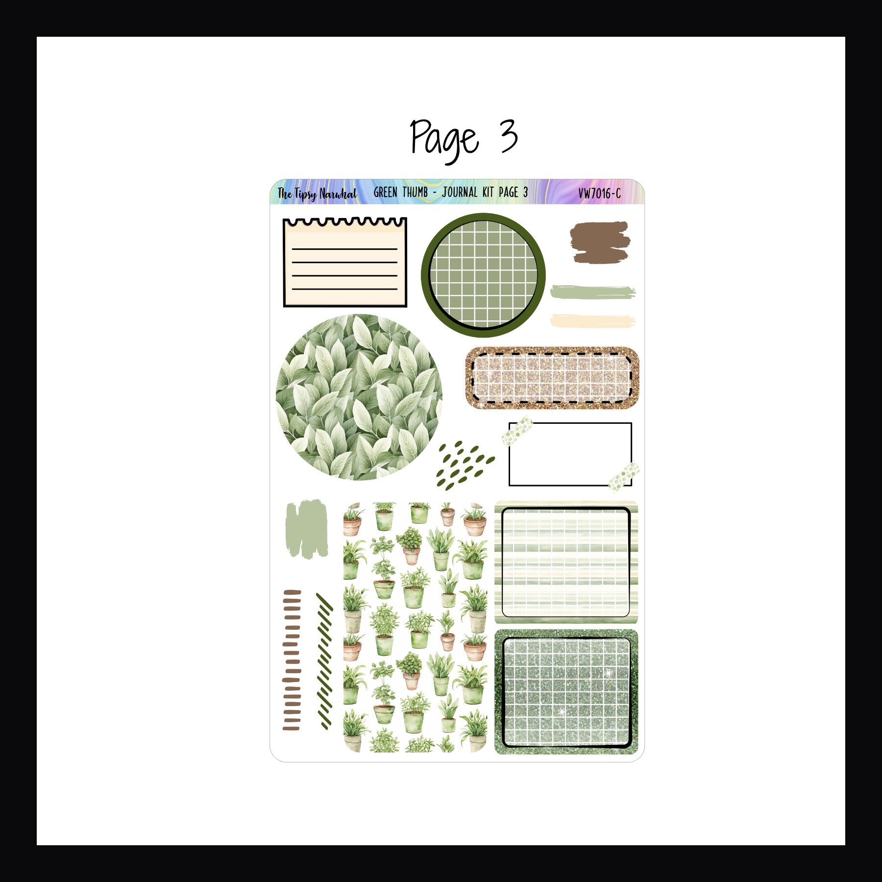 Green Thumb Journaling Kit page 3 features a variety of stickers for adding notes, it also features additional circle and square decor stickers and a handful of scribble style stickers. 