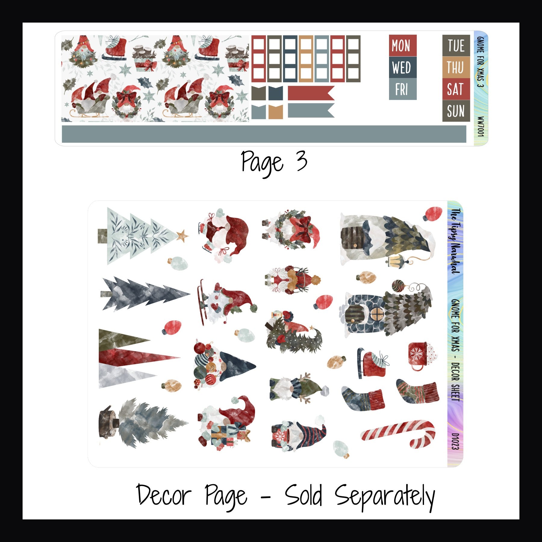 Gnome for Xmas Hobonichi Weeks Page 3 and Decor sheet sold separately.  Page 3 includes washi strips, check list stickers and date covers. Decor sheet features multiple holiday gnomes, trees, stockings, candy canes and gnome house stickers.