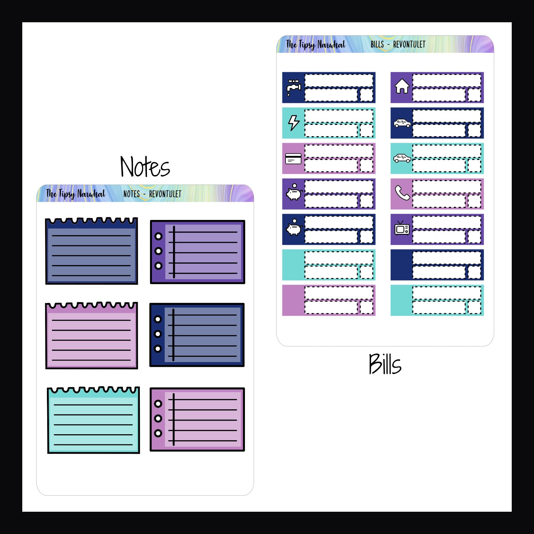 Revontulet Functional Addons Notes and Bills sheets shown on a white background.