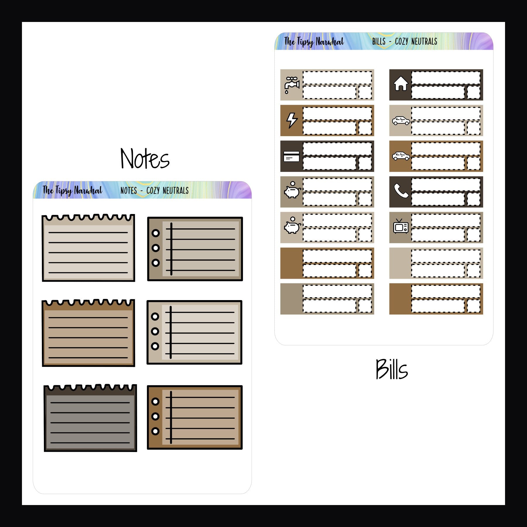 Cozy Neutrals Notes and Bill sticker sheets. 