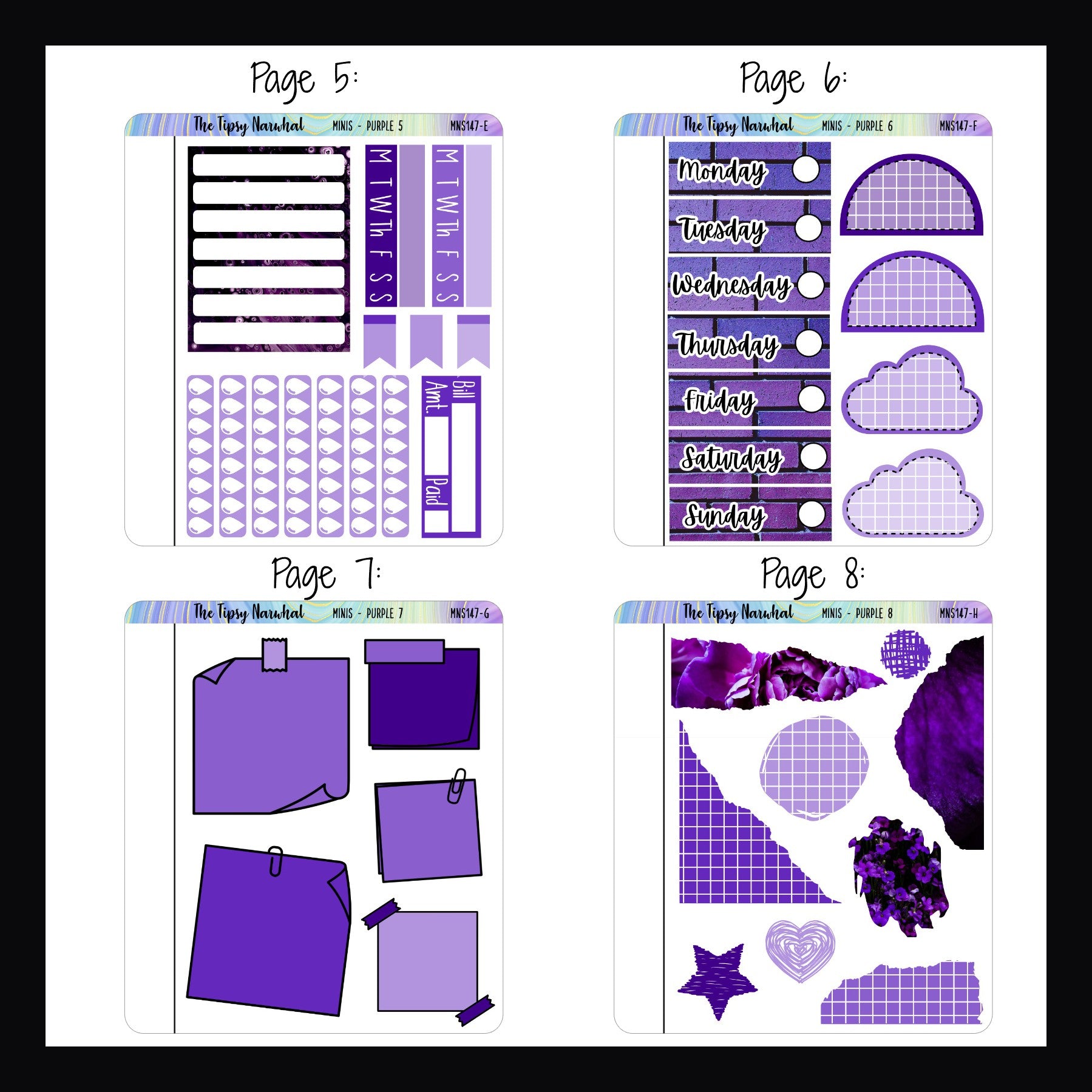 Purple Freestyle Minis pages 5-8. Each quarter sheet size sticker page features a selection of purple functional stickers.