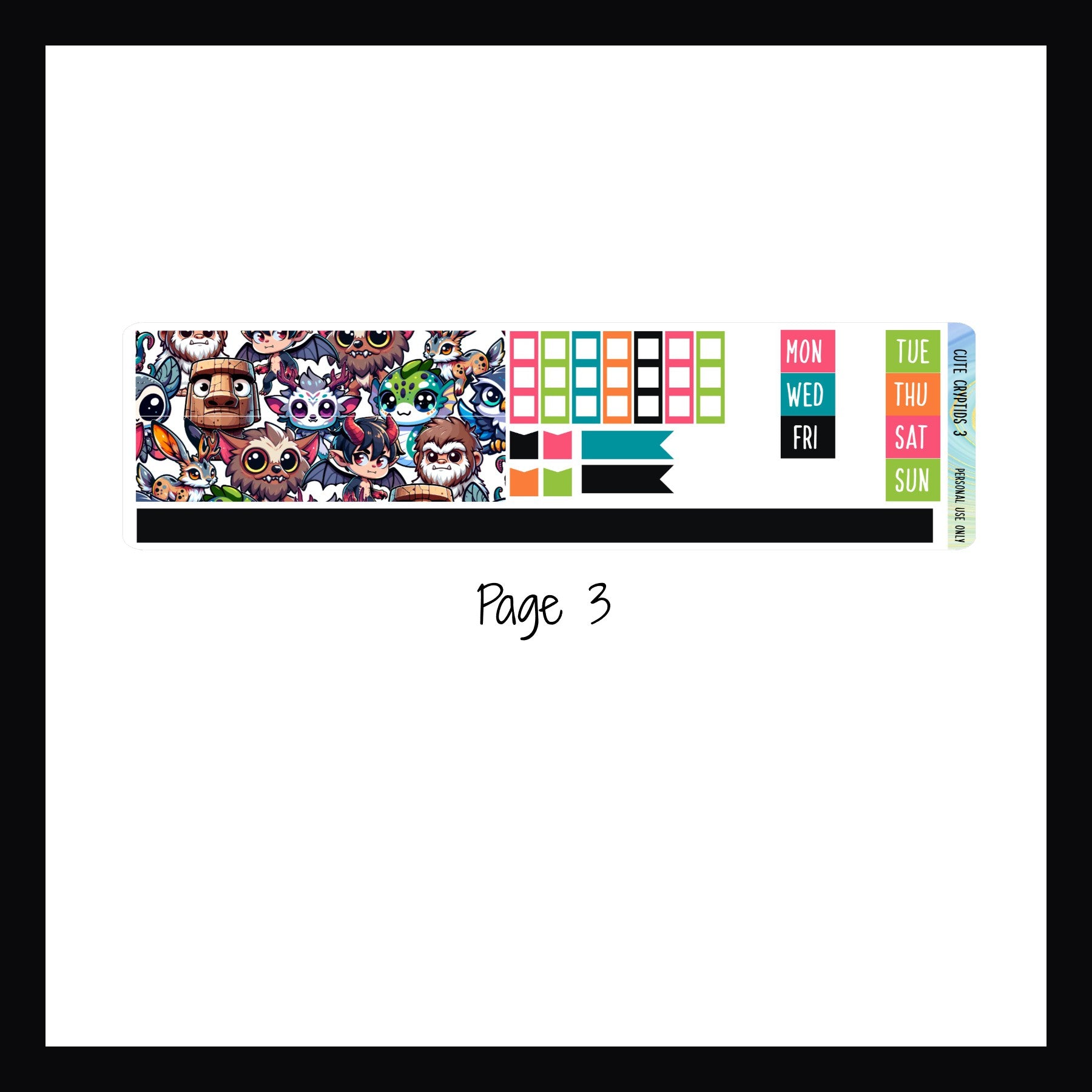 Digital Cute Cryptids Hobonichi Weeks Kit page 3 features large washi, date covers and checklist stickers. 
