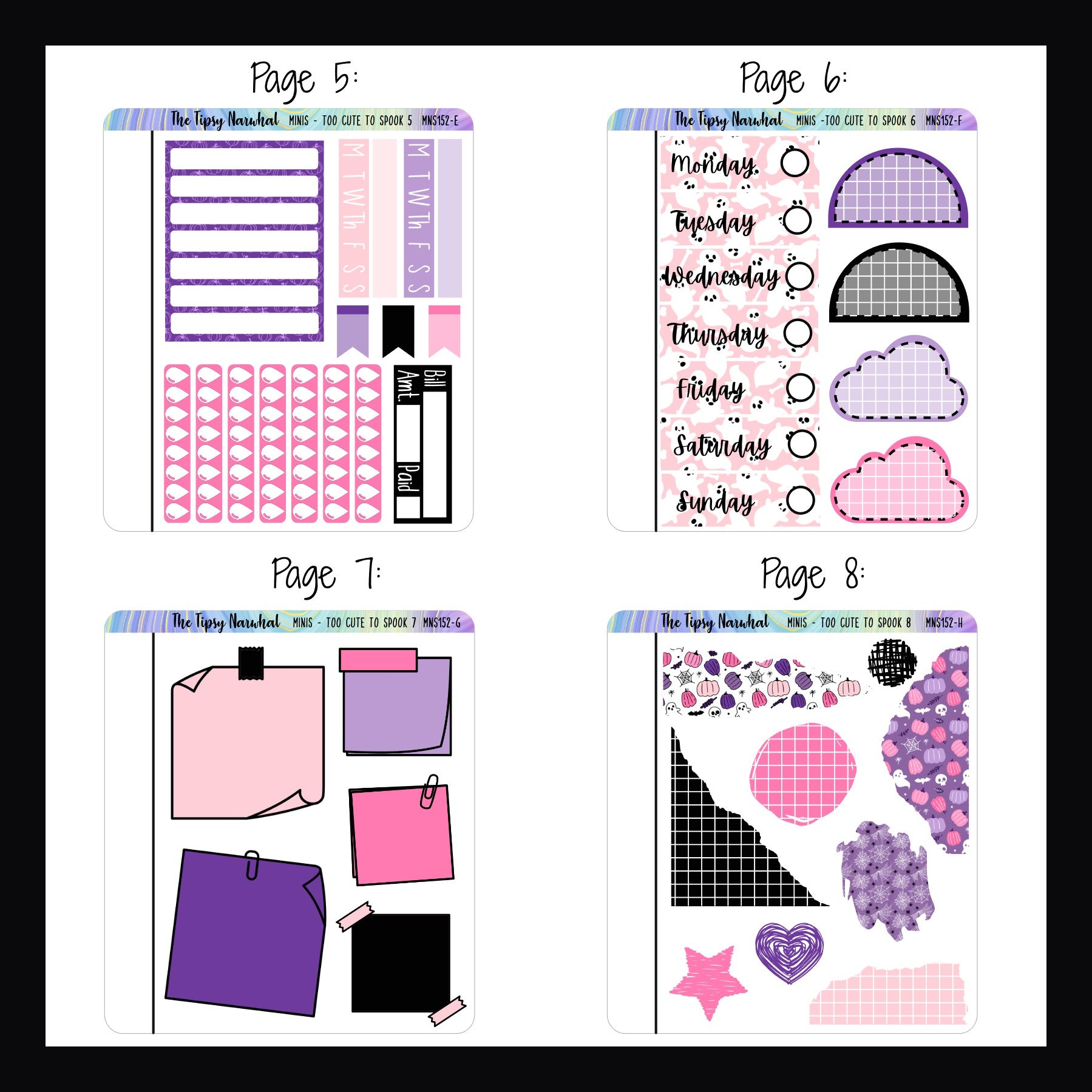 Too Cute To Spook Freestyle Minis pages 5-8 shown on a white background.