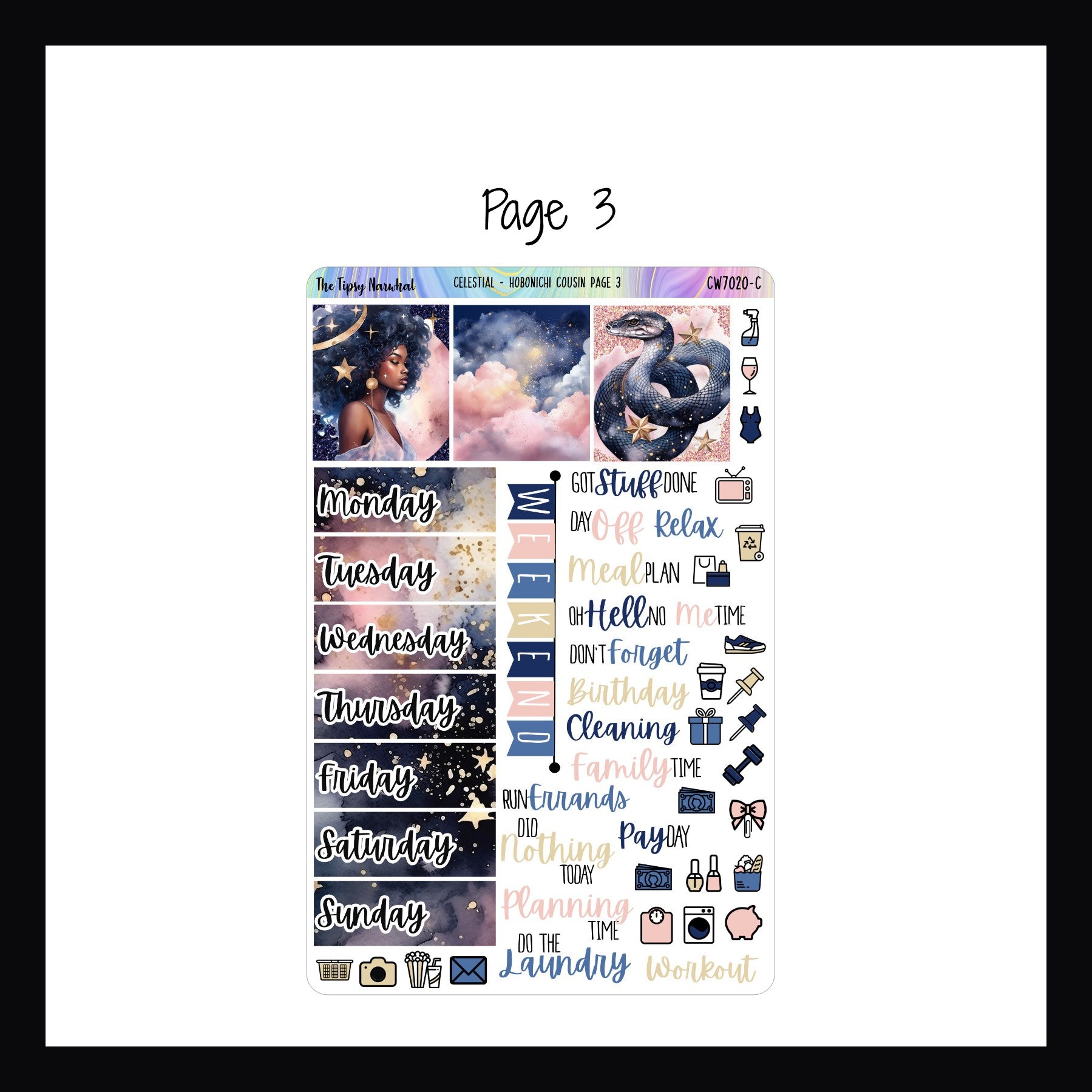 Celestial Hobonichi Cousin Kit Page 3 on white background. Page 3 features full box stickers, date covers and various icons and script stickers.