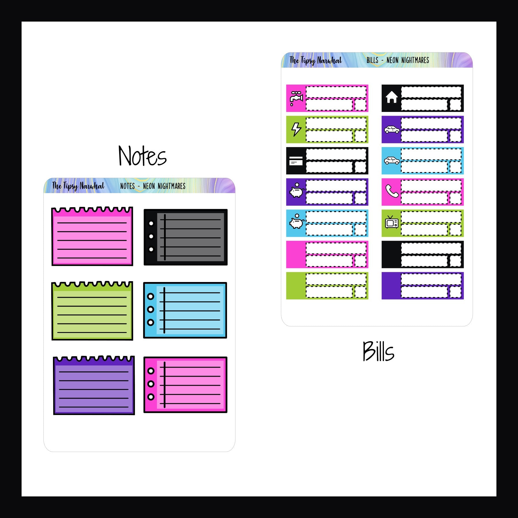 Neon Nightmares Kit Matching Functionals Notes and Bill sticker sheets.