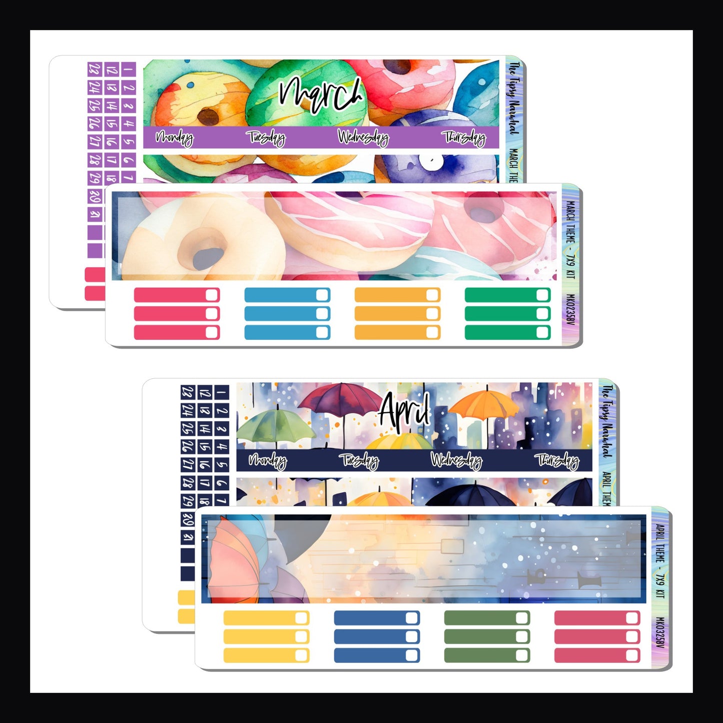 March and April Themed Monthly Kits for 7x9 Vertical Planners.  March features a donut theme with a rainbow color palette.  April's theme is umbrellas and rain and also features a rainbow color palette. 
