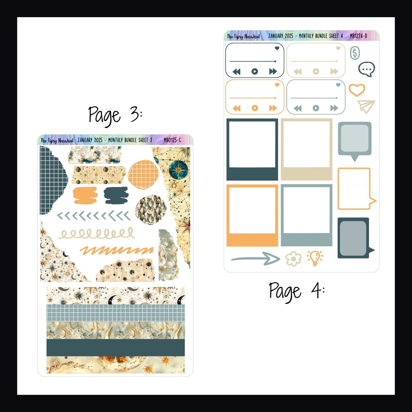 January 2025 Monthly Bundle pages 3 and 4.  Page 3 features decorative elements such as scribbles, ripped effect stickers and washi strips.  Page 4 features playlist stickers, photo frame stickers, speech bubbles and daily icons. 