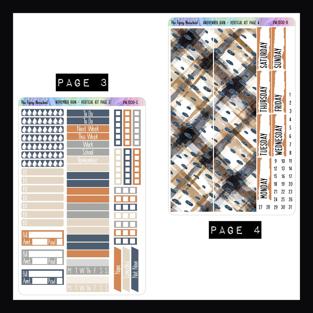 November Rain Vertical Weekly Sticker Kit Pages 3 and 4.  Page 3 features header and various tracking stickers. Page  features full size wash and date cover stickers. 