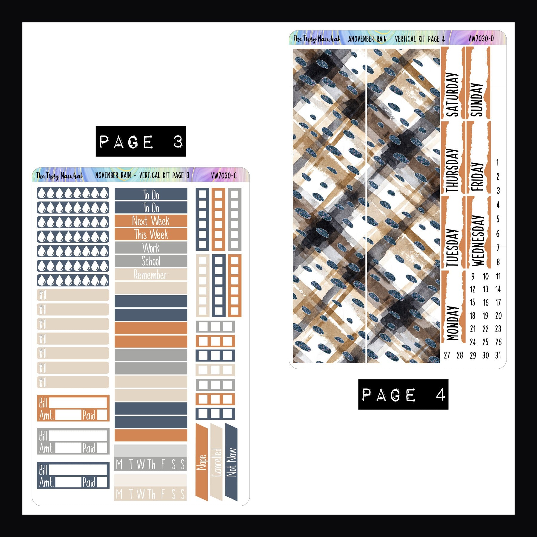 November Rain Vertical Weekly Sticker Kit Pages 3 and 4.  Page 3 features header and various tracking stickers. Page  features full size wash and date cover stickers. 