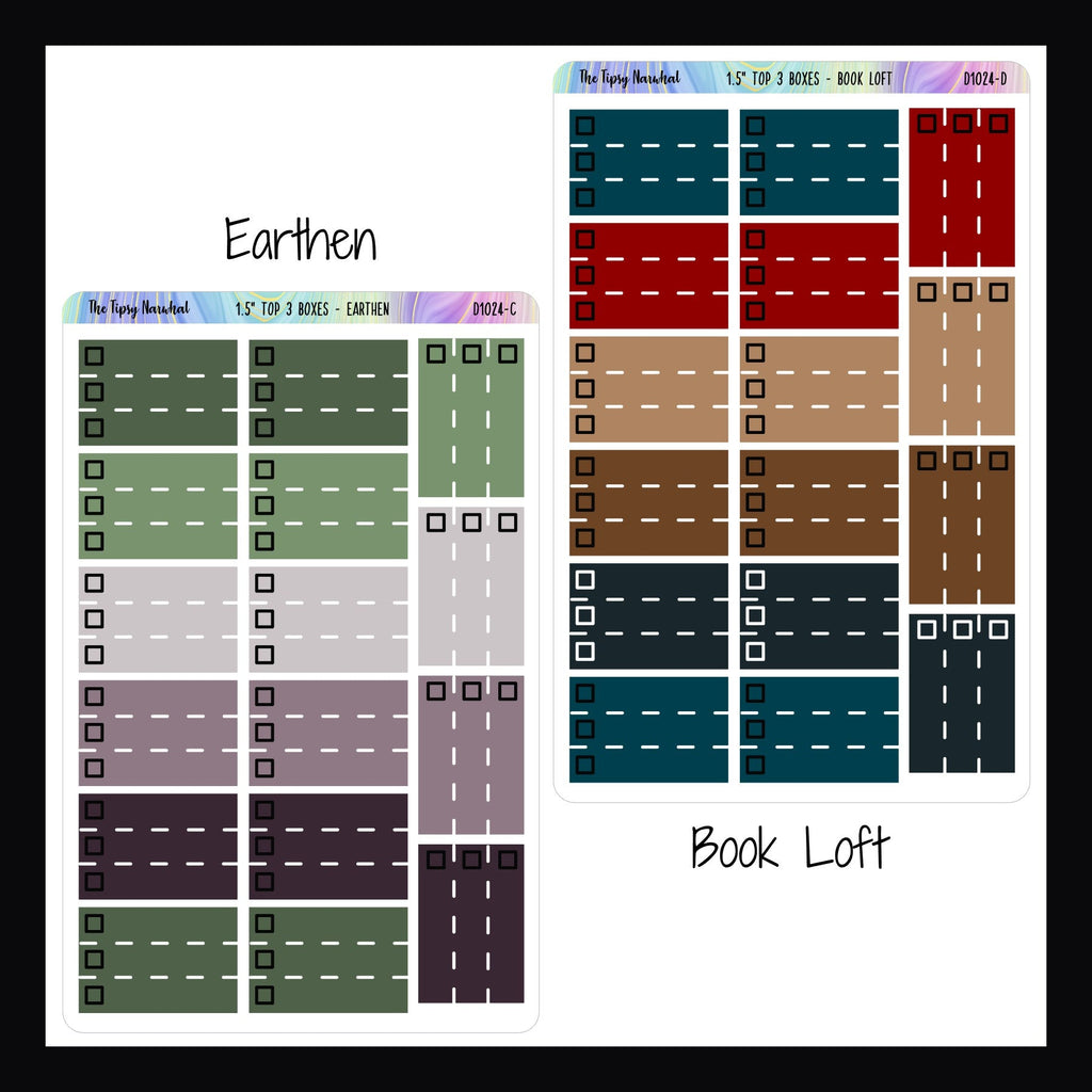 Functional stickers - 1.5 inch top 3 earthen and book loft variants shown
