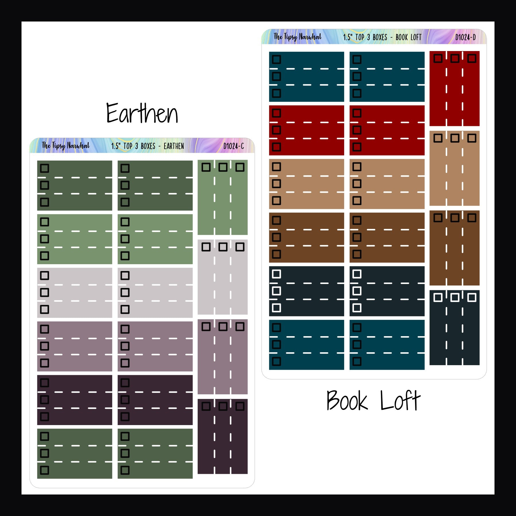 Functional stickers - 1.5 inch top 3 earthen and book loft variants shown