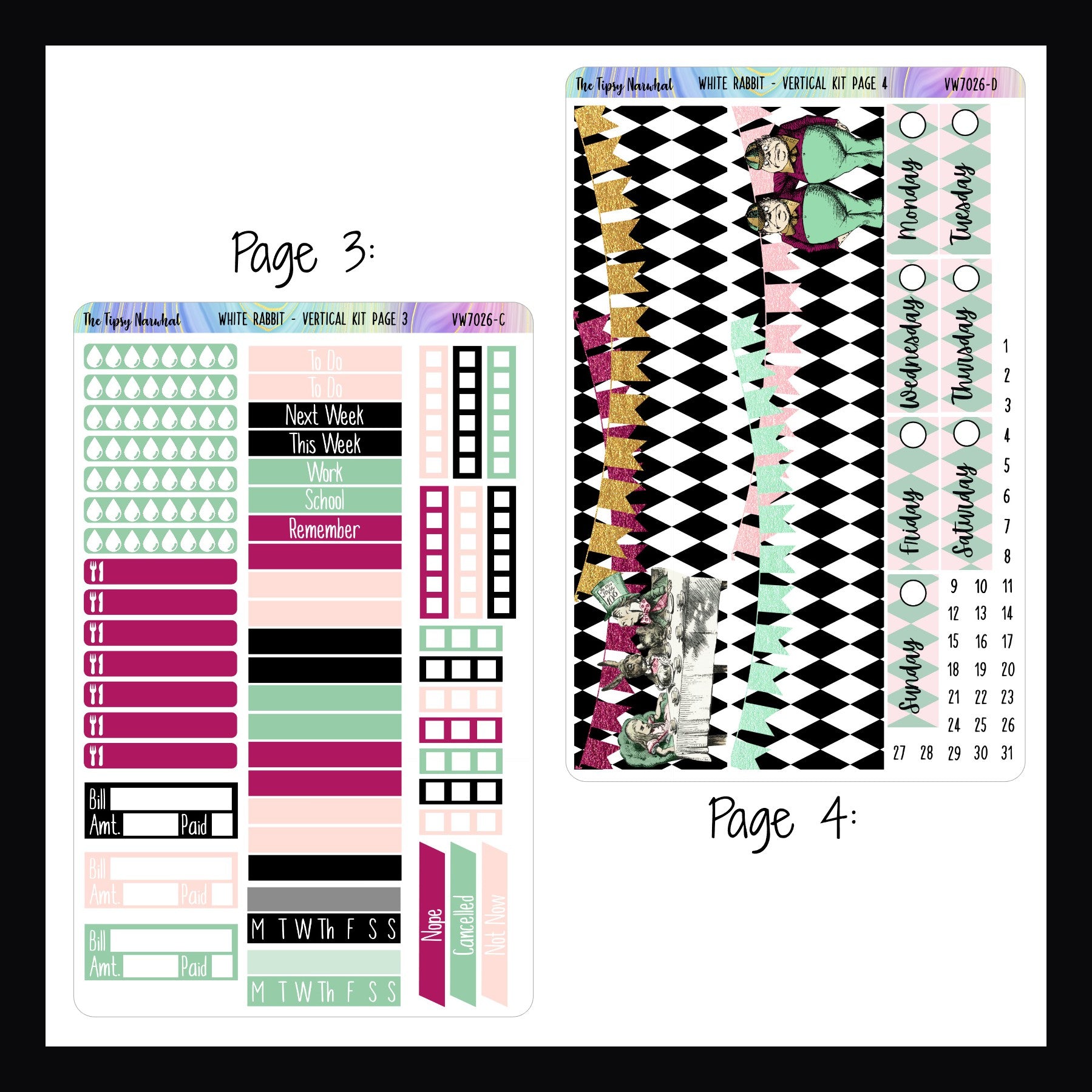 Vertical Weekly sticker Kit - White Rabbit pages 3 and 4 shown on a white background