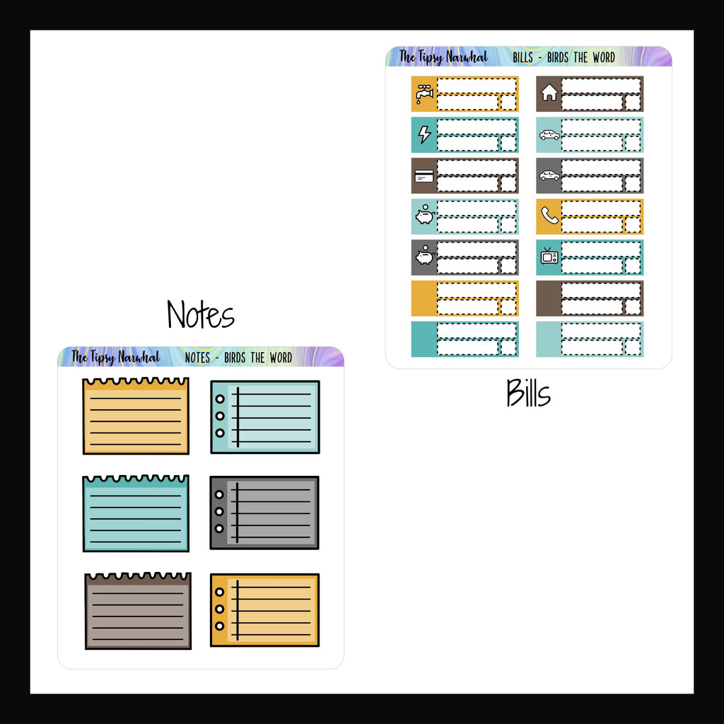 Birds the Word Kit Matching Functionals Notes page features 6 note style stickers.  The Bills sheet features 14 stickers to track common type bills.  Includes 4 blank stickers for customization. 