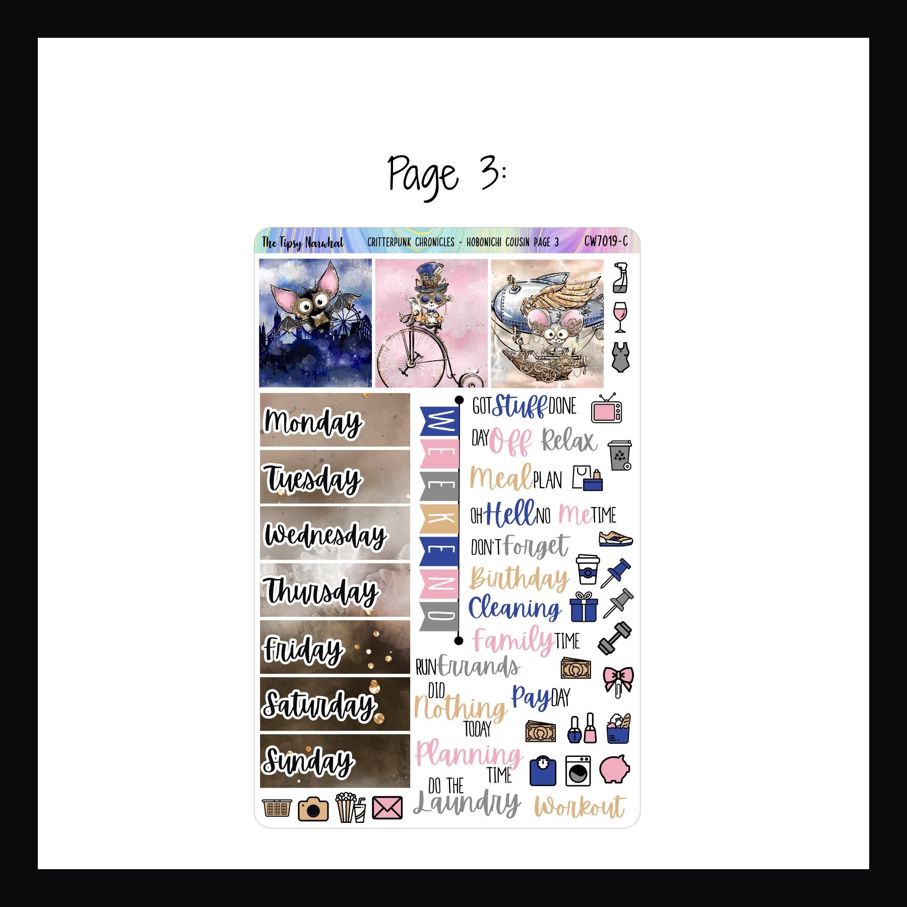 Critterpunk Chronicles Hobonichi Cousin Kit page 3 features additional date covers, A5 box stickers, weekend banner, script stickers and daily icon stickers.