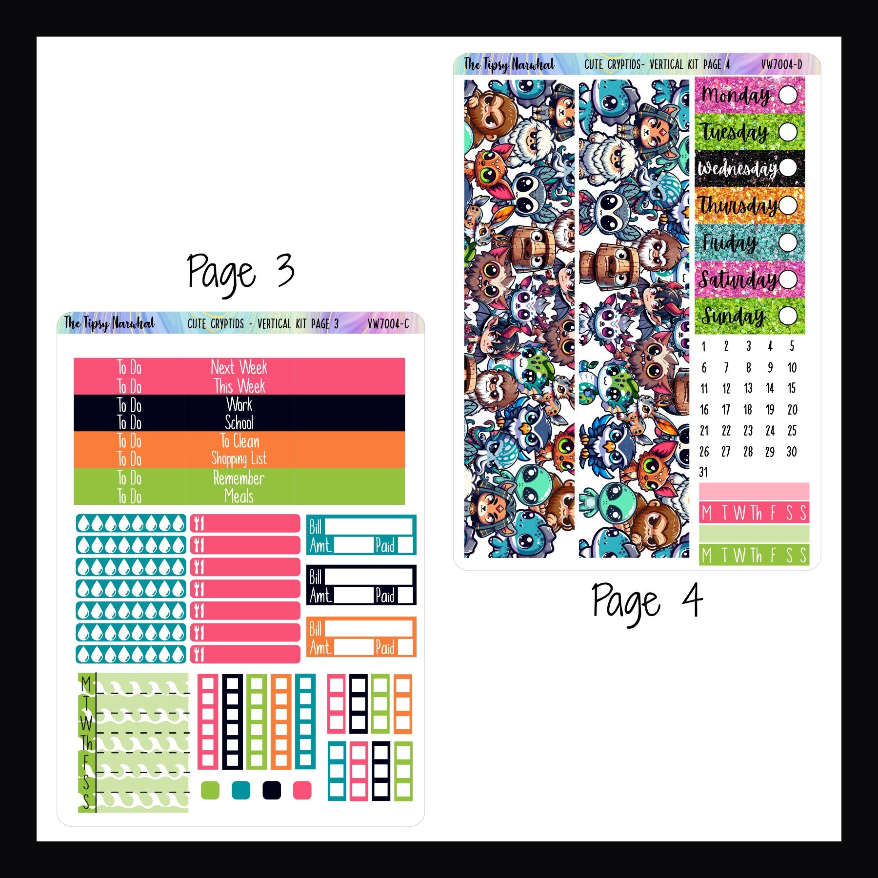 Cute Cryptids Vertical Weekly Kit Pages 3 and 4.  Page 3 features headers, checklists, bill tracking stickers, water tracking and meal tracking stickers.  Page 4 features date covers, habit trackers and full sized washi stickers. 
