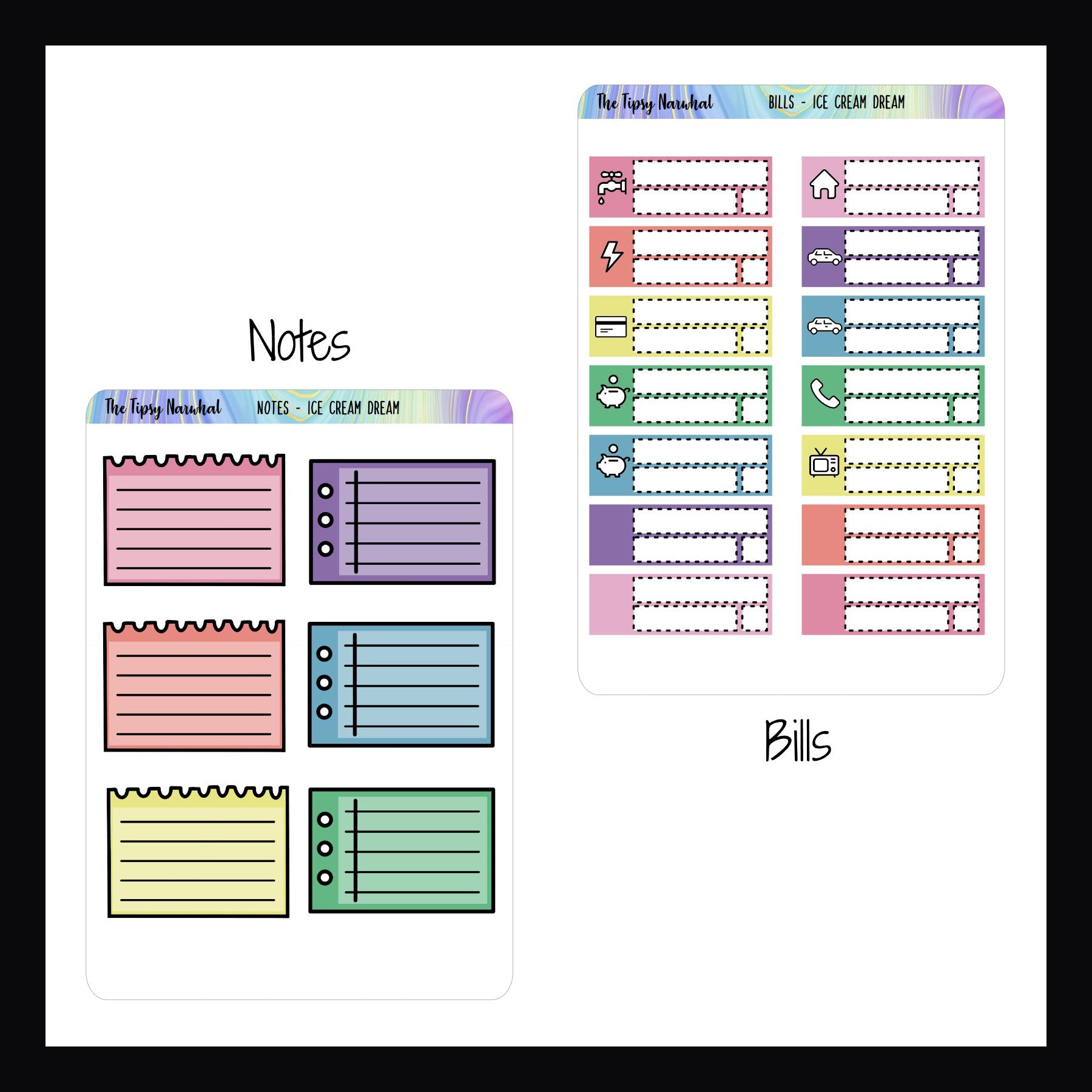 Ice Cream Dreams Kit Matching Functionals Notes and Bills sheets.  The notes sheet features 6 note style stickers in 2 different styles. The Bill tracking stickers are a collection of 14 stickers.  10 stickers feature an icon of common bills, 4 stickers are left blank for customization. 