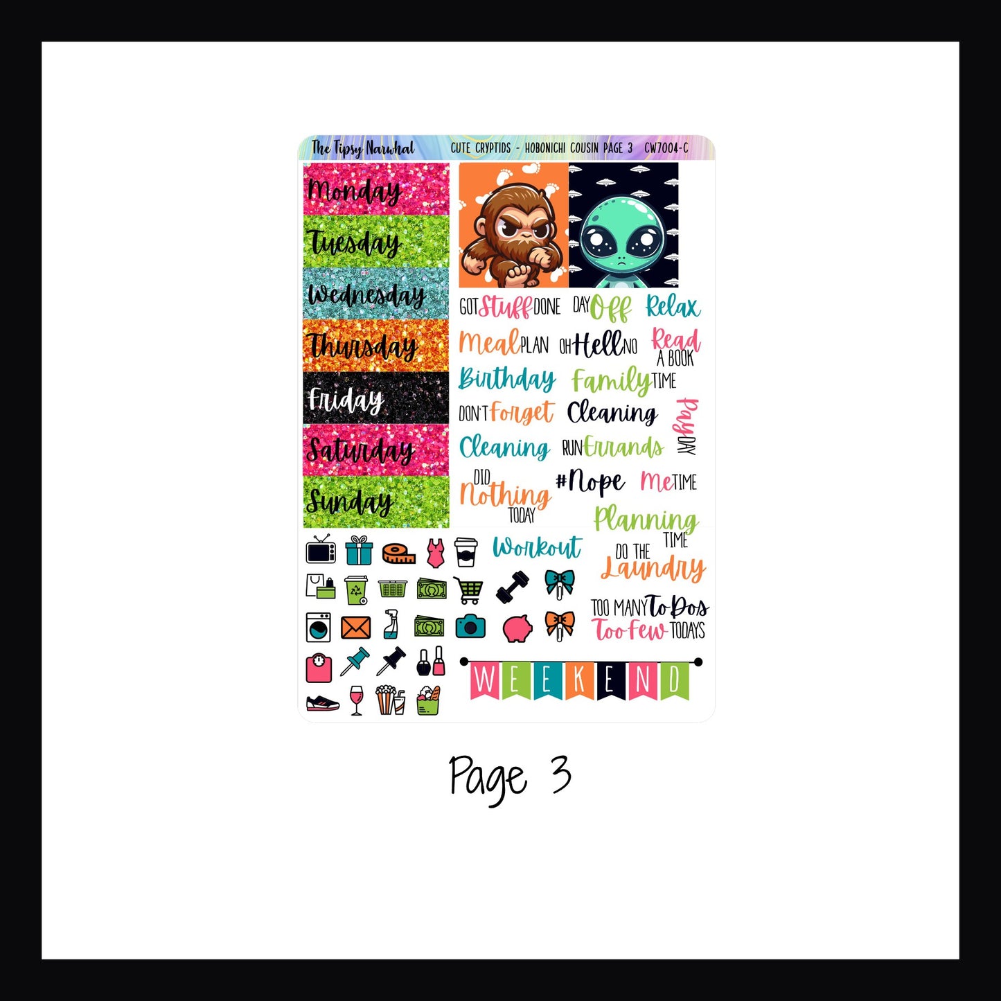 Cute Cryptids Hobonichi Cousin Kit Page 3 features additional date covers, daily icon stickers, weekend banner and script stickers. 