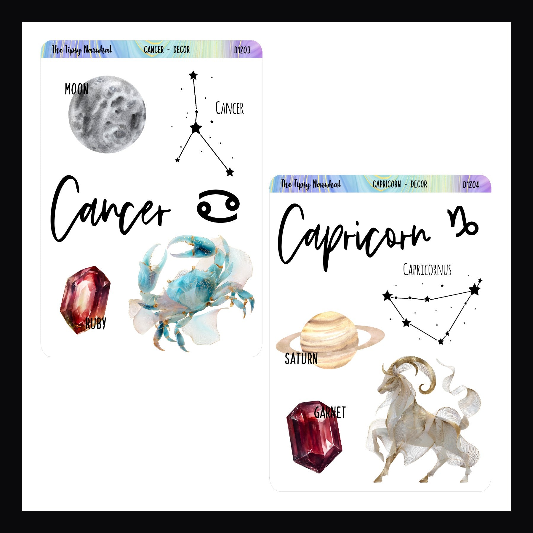 Illustrations of Cancer and Capricorn zodiac signs with corresponding symbols and elements.