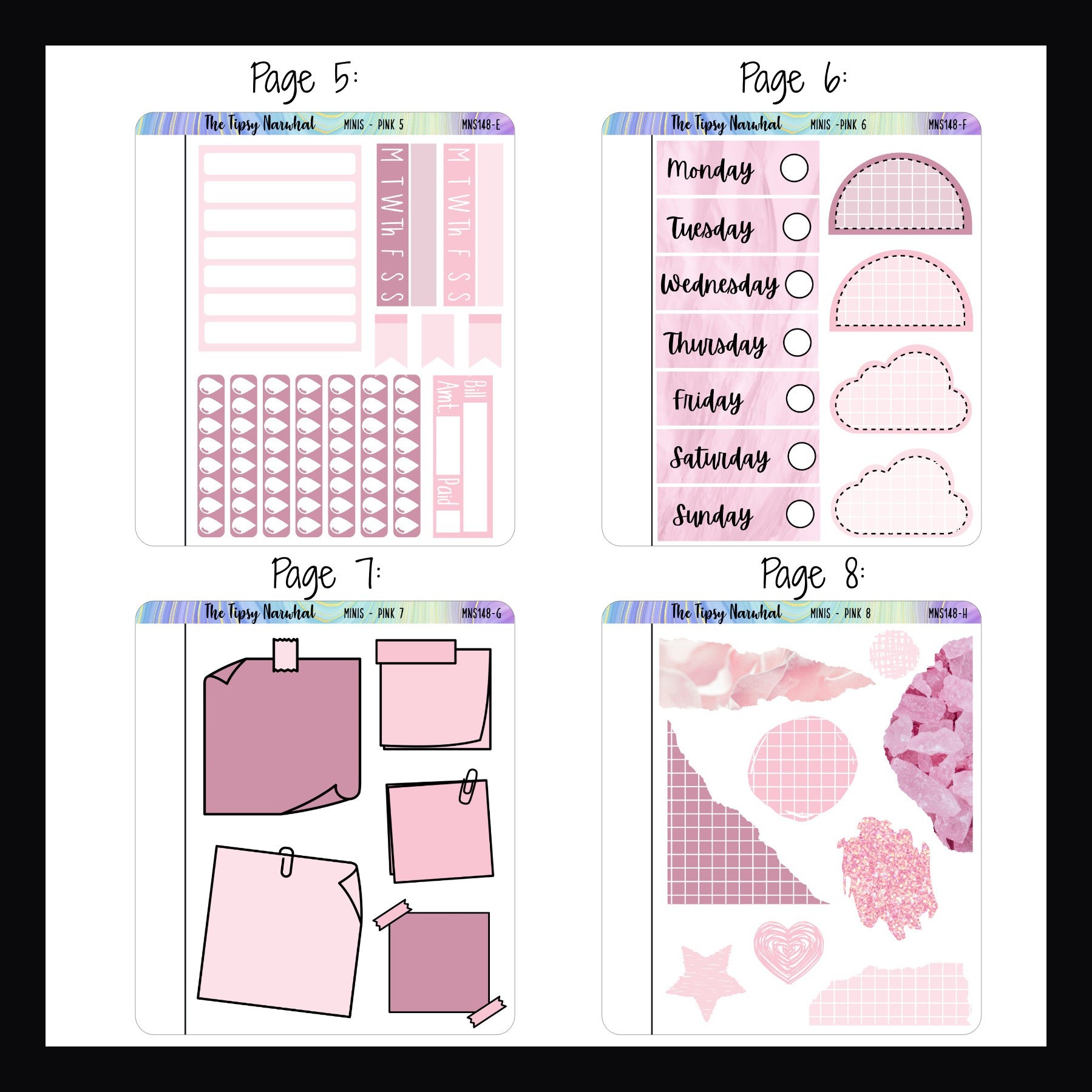 Pink Freestyle Minis pages 5-8. Each quarter sheet features a selection of pink functional stickers. 