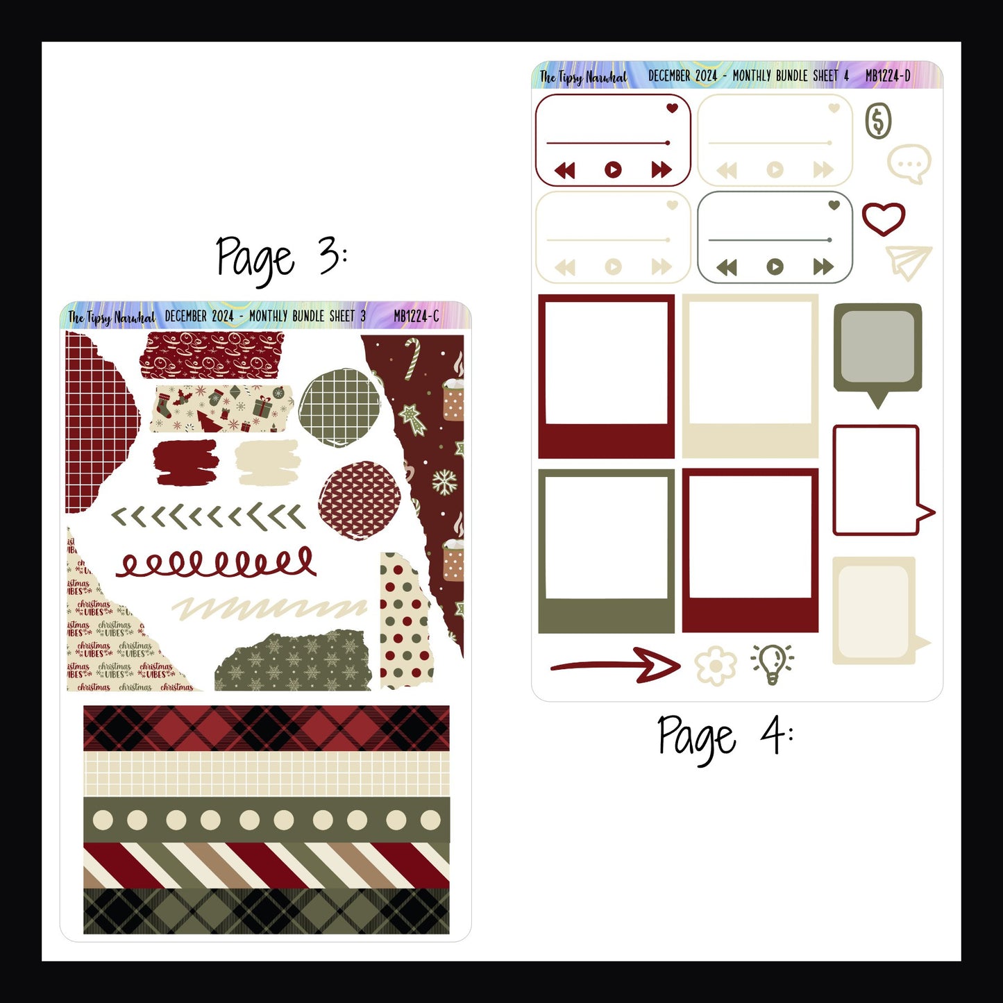 December 2024 Monthly Bundle Pages 3 & 4.  Page 3 features decor stickers such as washi strips, scribble style stickers and stickers with a ripped like appearance.  Page 4 features playlist stickers, photo frame stickers, speech bubble stickers and a handful of daily icons. 