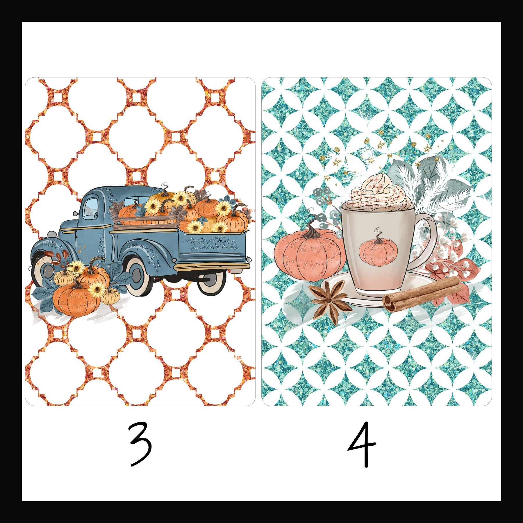 Autumn Glitter Kindle Inserts designs 3 and 4.  Design 3 features an old fashioned truck with pumpkins on an orange quatrefoil background.  Design 4 features a pumpkin spice latte on an aqua geometric background. 
