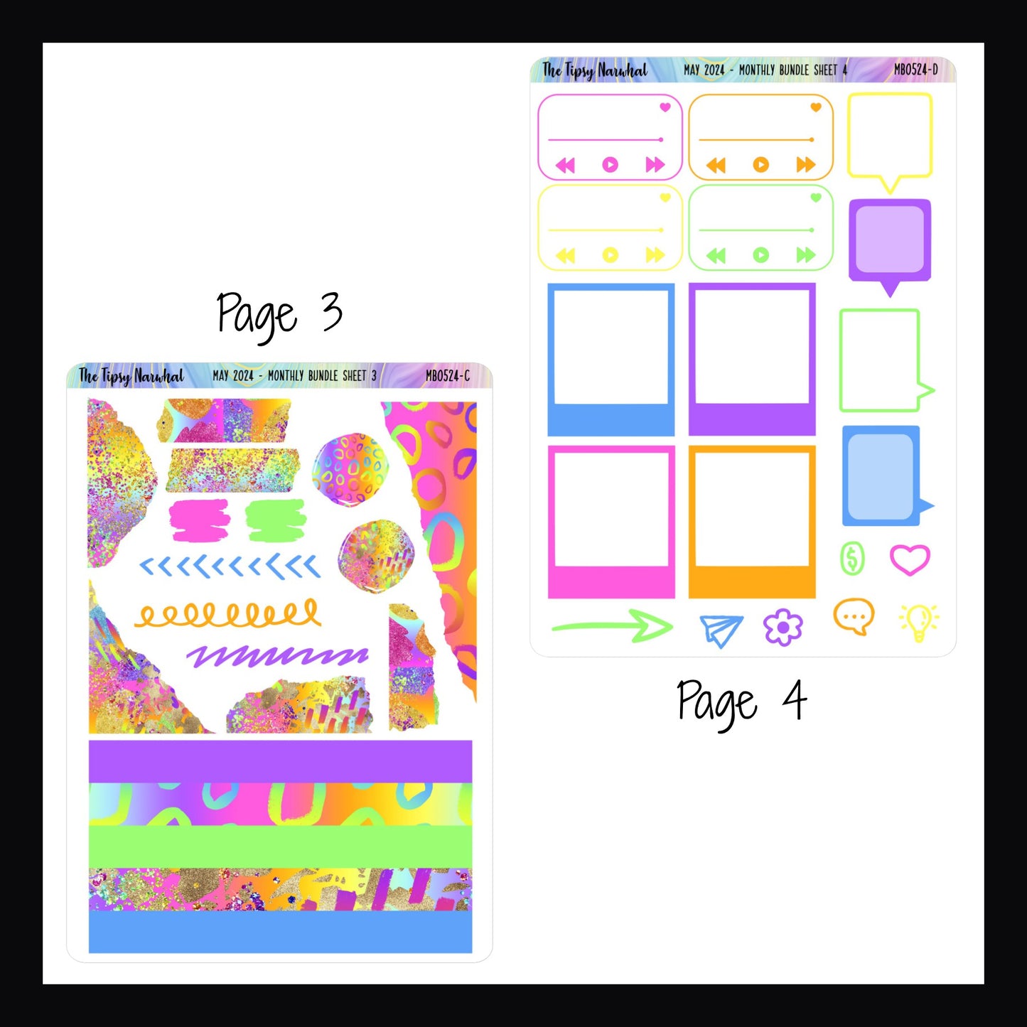 Digital May 2024 Monthly Bundle pages 3 and 4. Page 3 focuses on design elements featuring washi stickers, scribble stickers, and torn edge style stickers.  Page 4 features photo frame stickers, playlist stickers, speech bubble stickers, and a collection of daily icons.