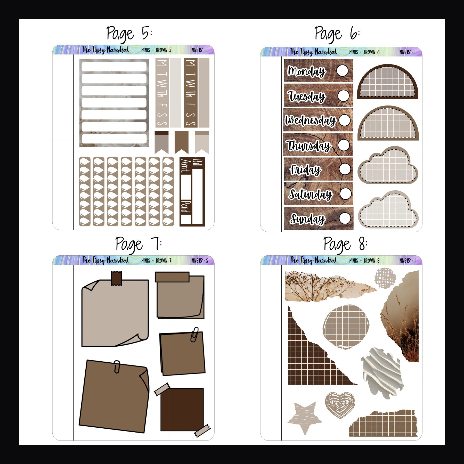 Neutrals Freestyle Minis pages 5-8.  Each quarter sheet sized sticker page features a unique collection of neutral themed functional stickers.