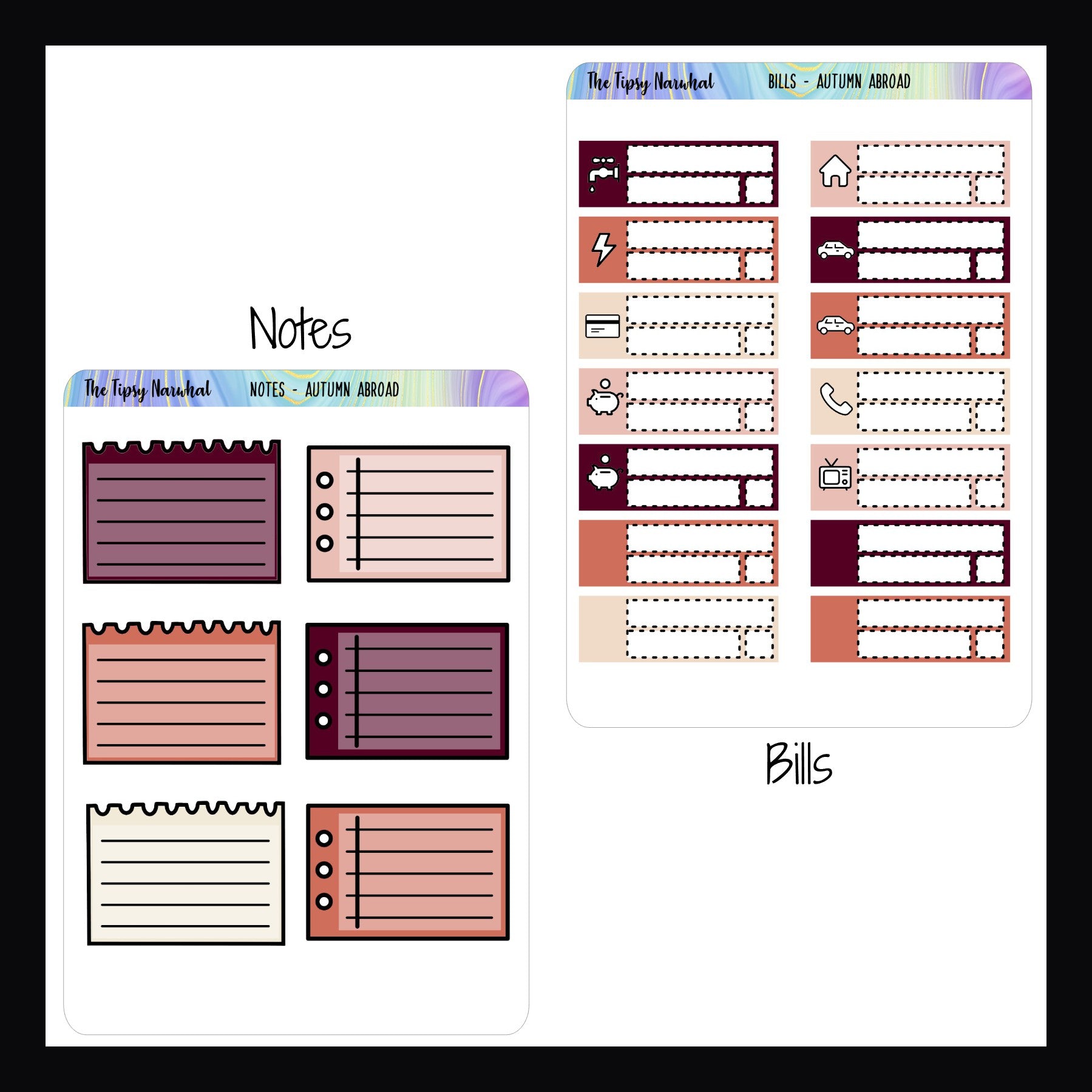 Autumn Abroad Functional Add-ons notes and bill sheets on a white background.