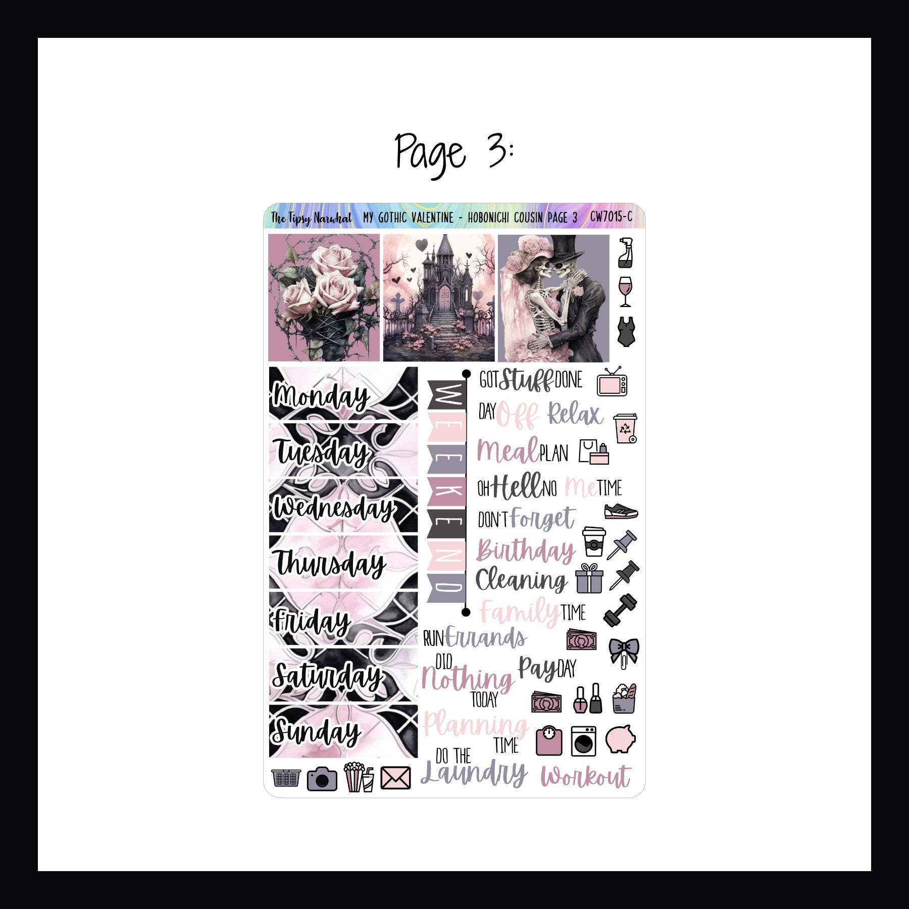 My Gothic Valentine Hobonichi Cousin Page 3 features additional date covers, a weekend banner, full box deco, script stickers and daily icon stickers.