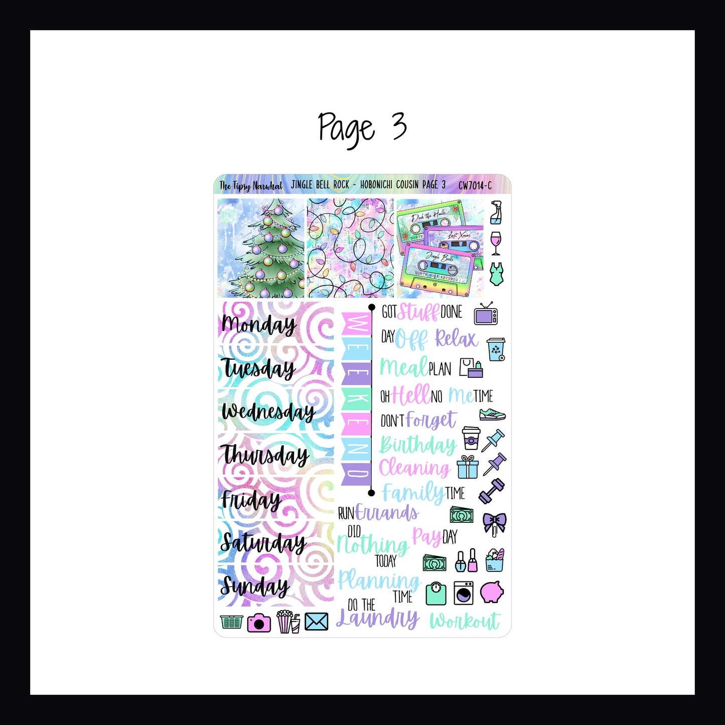 Jingle Bell Rock Hobonichi Cousin Kit page 3 features additional date covers, weekend banner, daily icons, script stickers and 3 full box decor stickers each with a different holiday motif. 