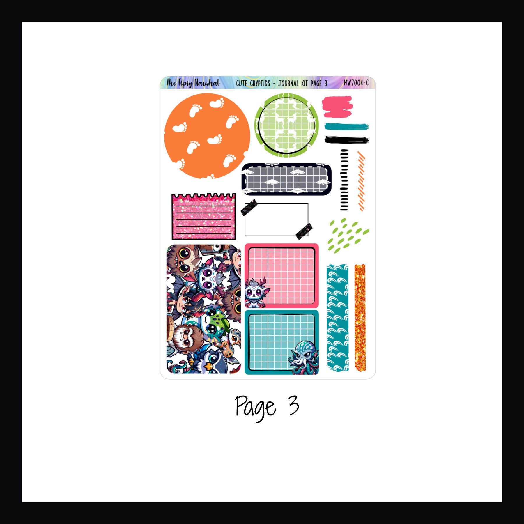 Digital Cute Cryptids Journal Kit page 3 features several decorative and writable circles and squares, washi strips and some scribble stickers. 