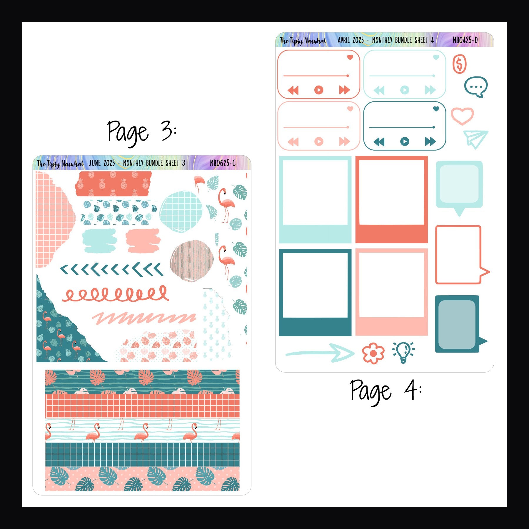 June 2025 Monthly Bundle Pages 3 and 4.  Page 3 features ripped style stickers, scribble stickers and washi style stickers.  Page 4 features playlist stickers, speech bubbles, photo frame style stickers and a small handful of icon stickers.