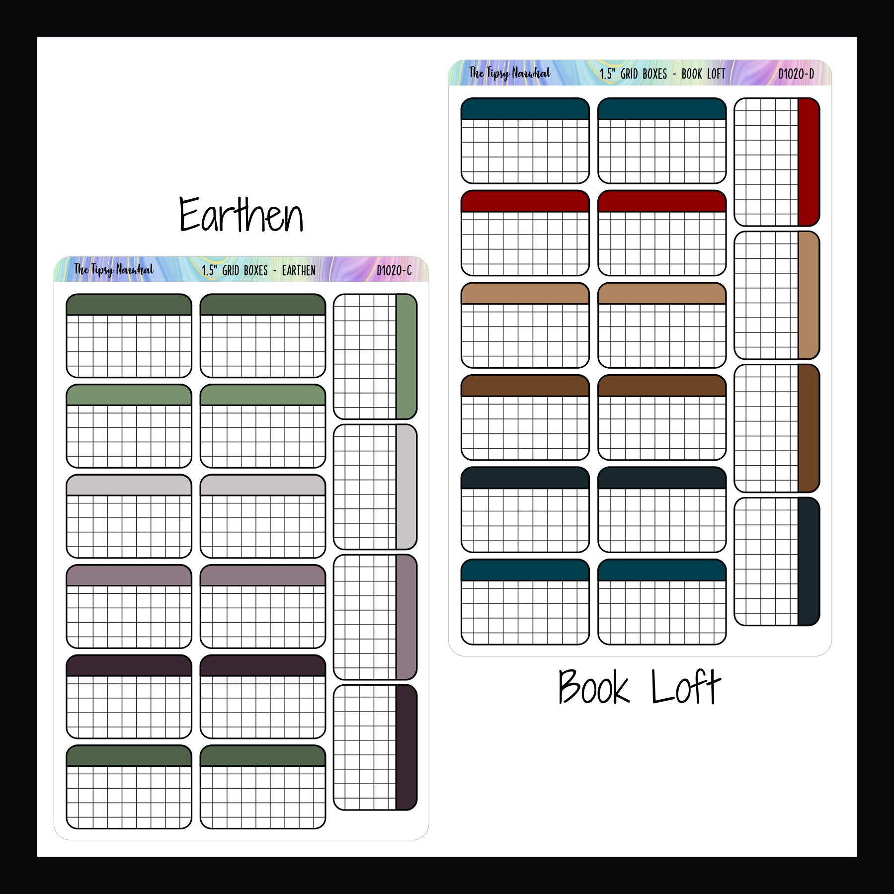 Functional Stickers 1.5 inch grid boxes earthen and book loft variants shown