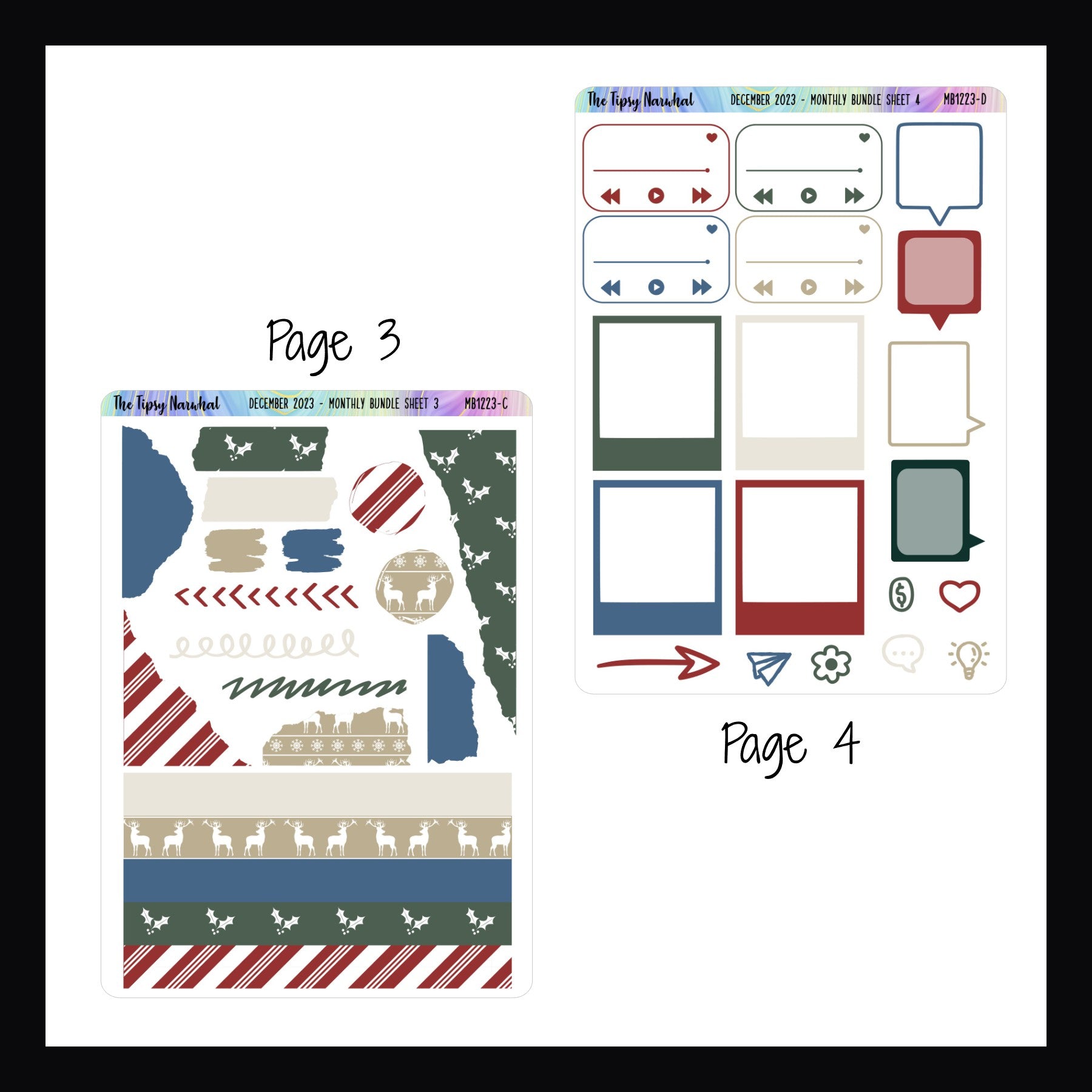 December 2023 functional monthly bundle pages 3 and 4, page 3 contains washi stickers, various rips and tears stickers , page 4 contains playlist stickers, word bubble stickers, some daily icons and photo frame stickers.