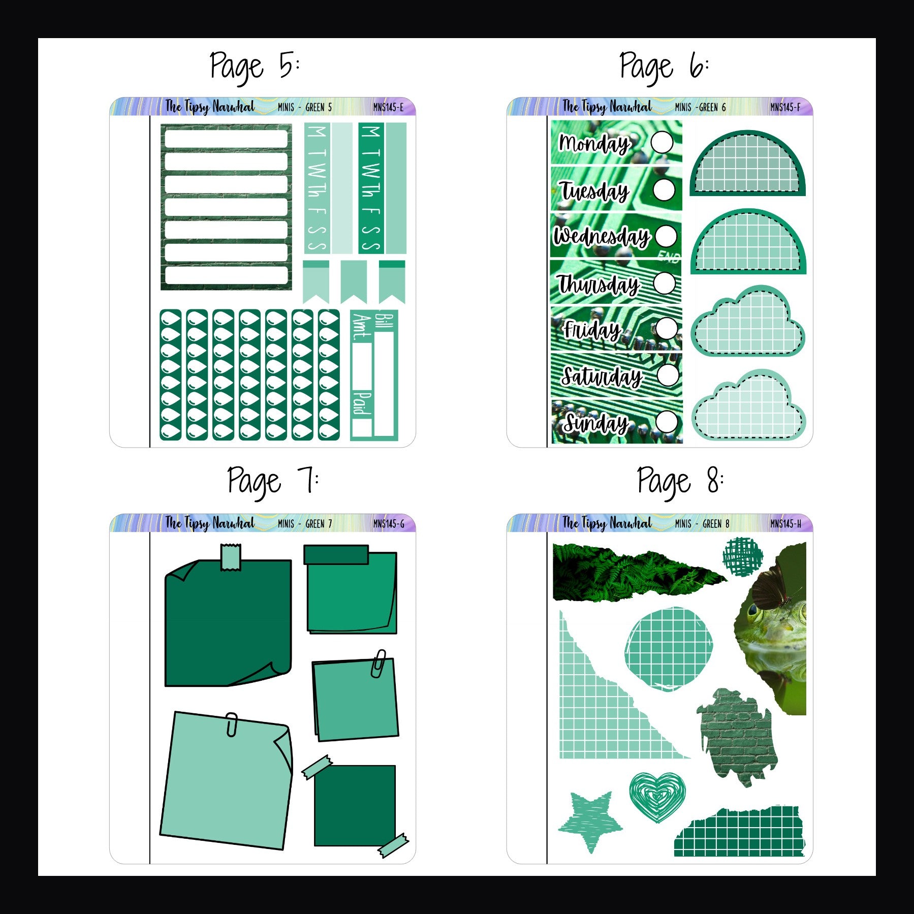 Green Freestyle Minis sheets 5-8 each quarter sized sticker sheet features a unique selection of green functional stickers. 