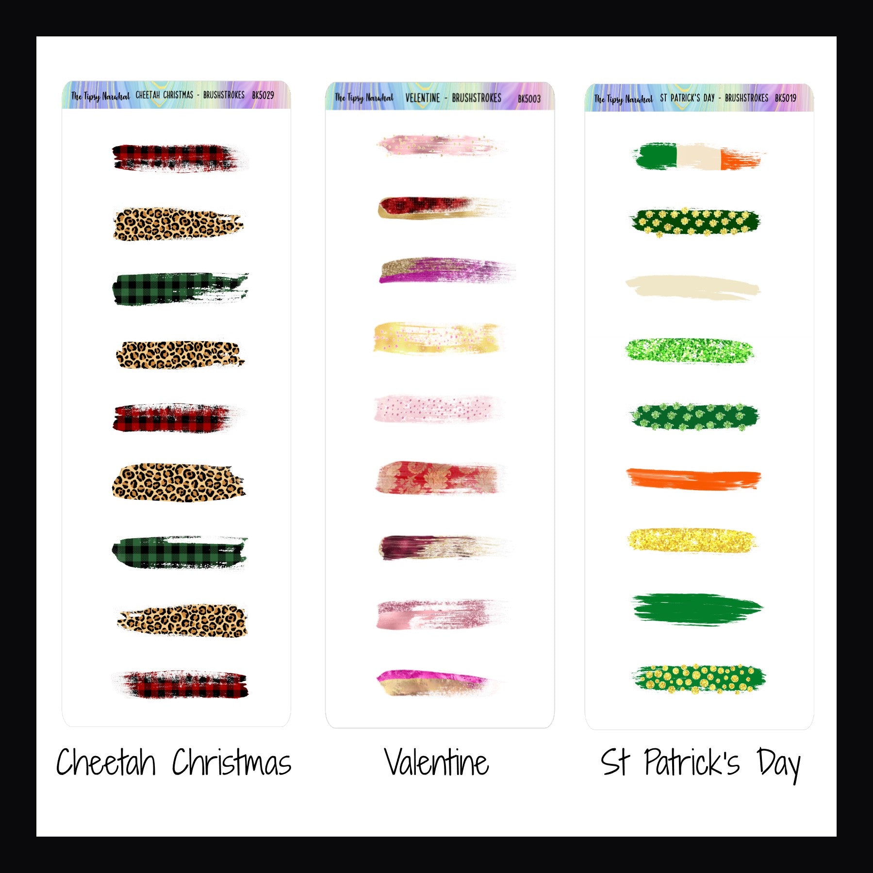 Brusthstoke stickers labeled 'Cheetah Christmas', 'Valentine', and 'St Patrick's Day' on a white background.