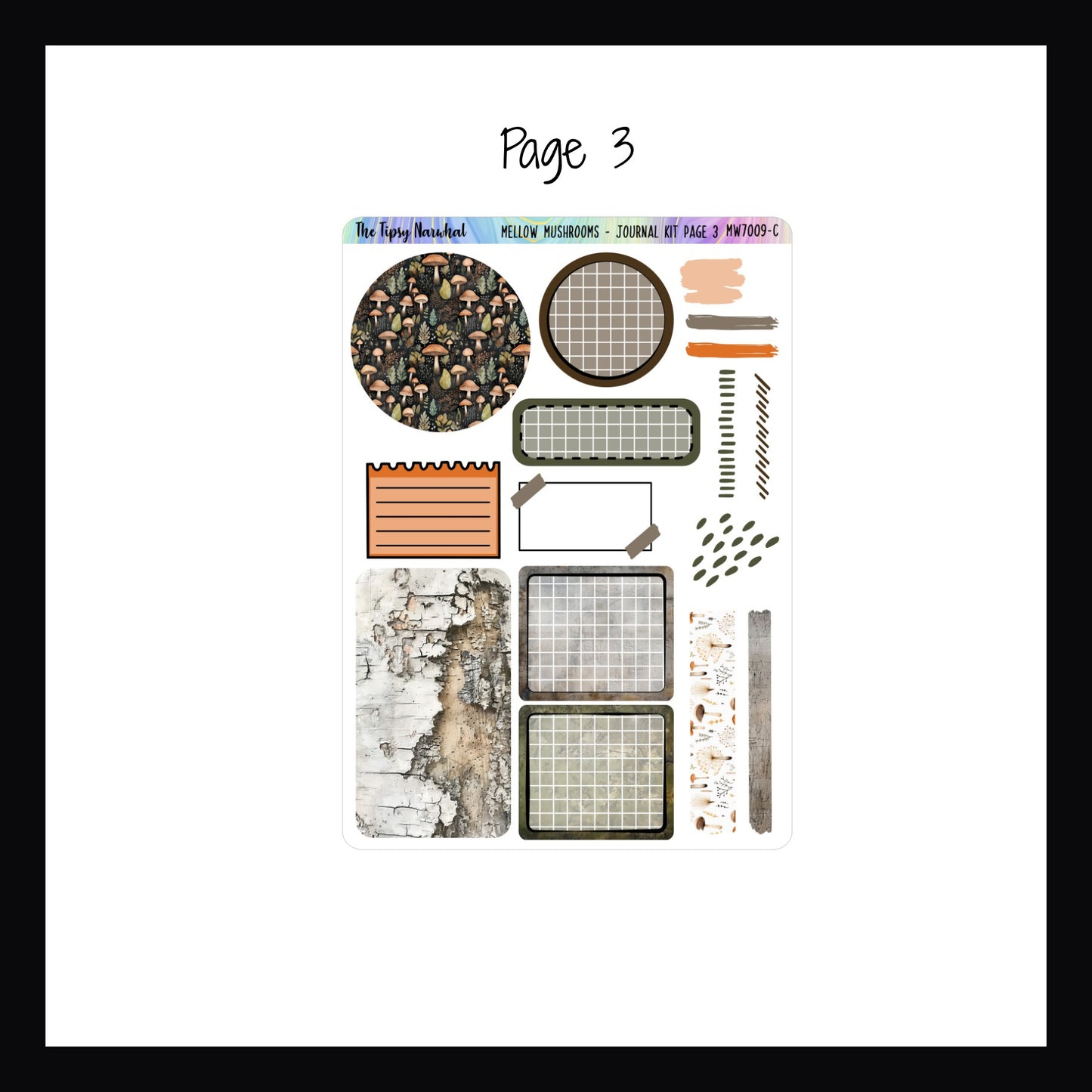 Digital Mellow Mushroom Journal Kit Page 3 features scribble stickers, washi stickers, notes stickers, and large circle and box stickers for writing or layering.