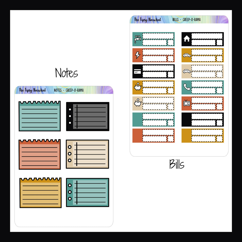 Creep-O-Rama functional add ons notes sheet and bills sheets on a white background. 